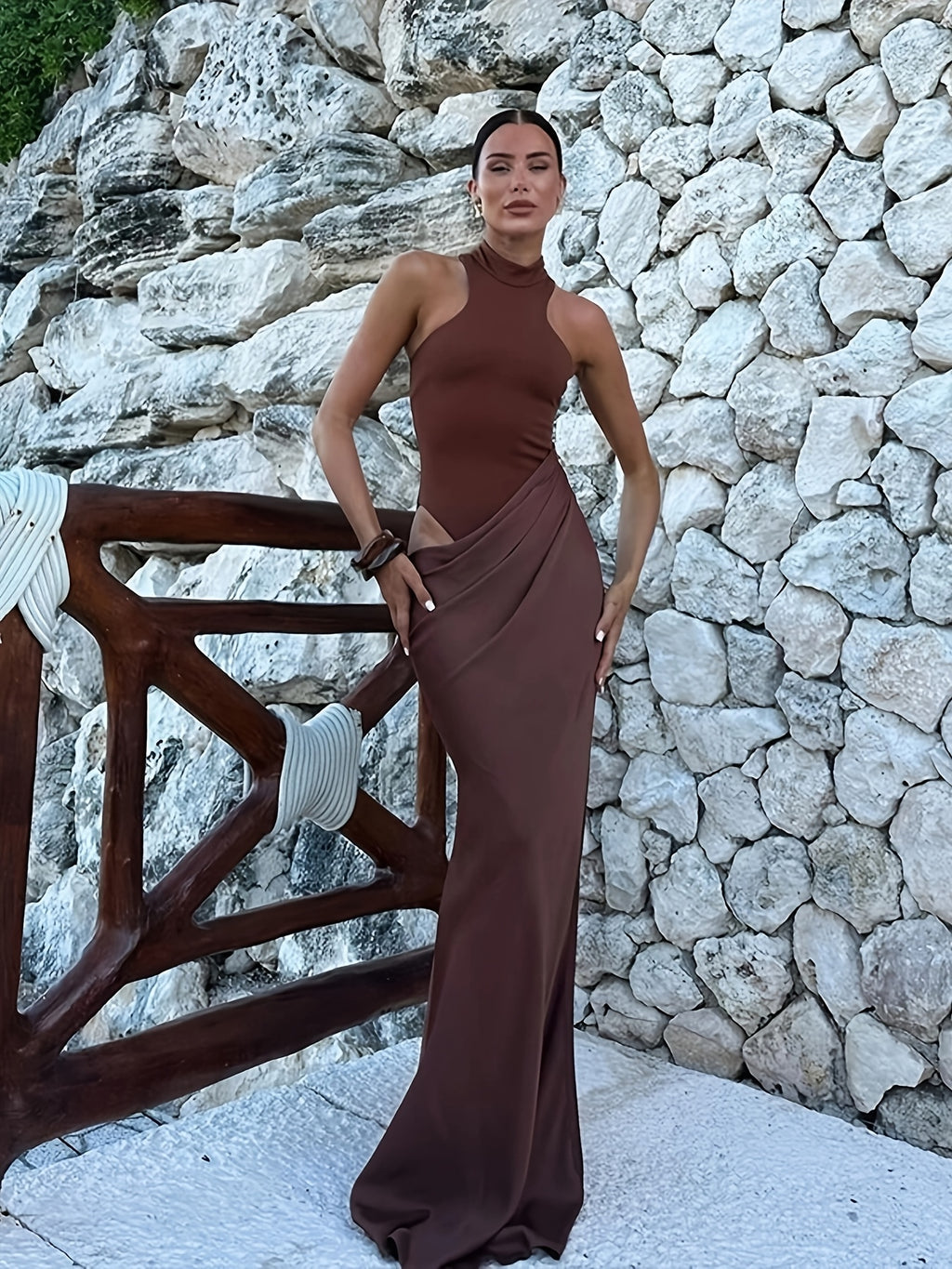 European and American Style New Women's Fashion Half-High Neck Sleeveless Slim-Fit Spliced Hollow-Out Bodycon Dress