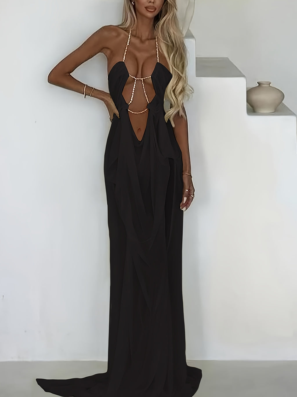 Spring Summer Women'S New Vacation Style Sexy Hot Mesh Sheer Low-Cut Halter Dress