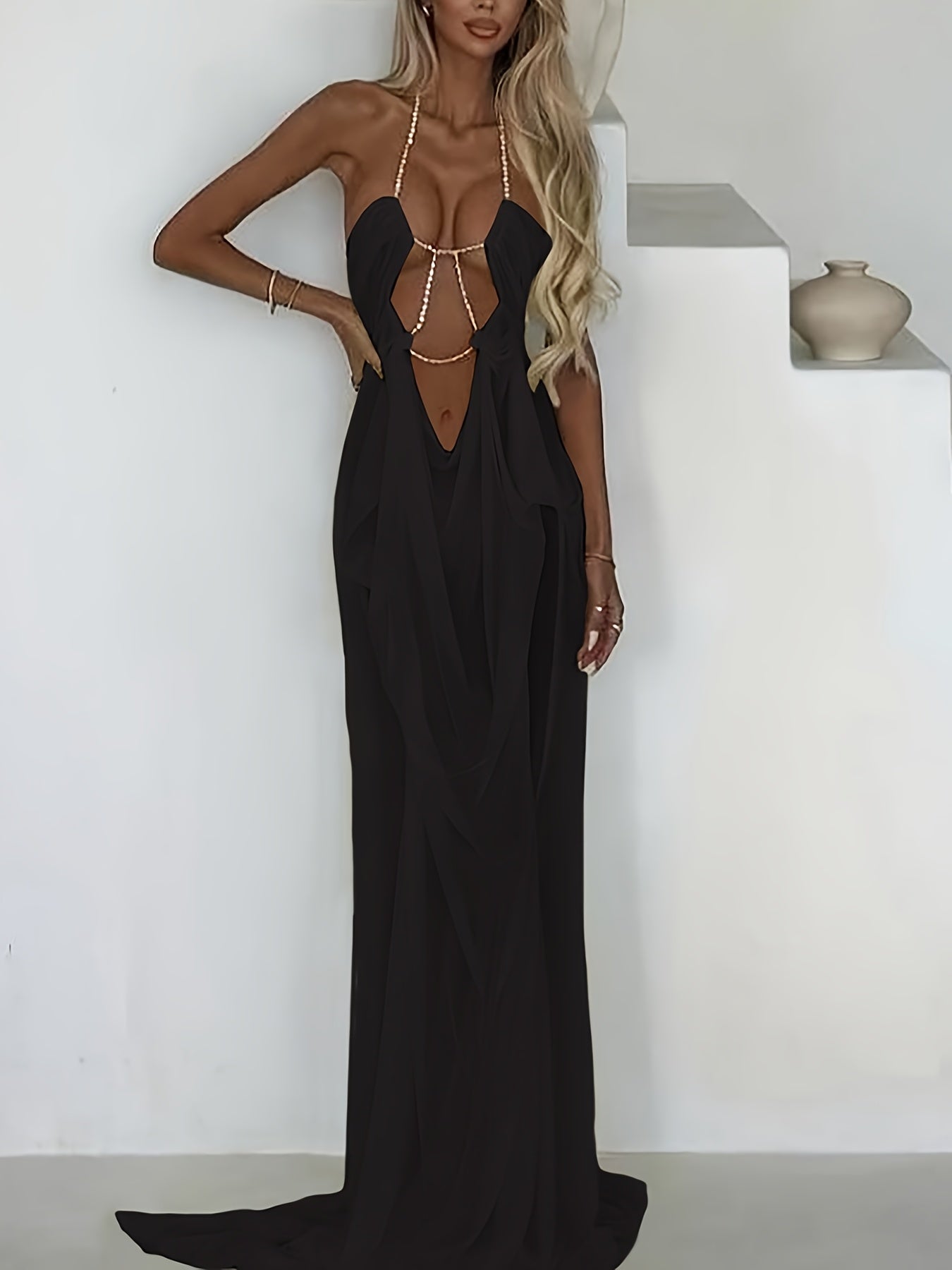 Spring Summer Women'S New Vacation Style Sexy Hot Mesh Sheer Low-Cut Halter Dress