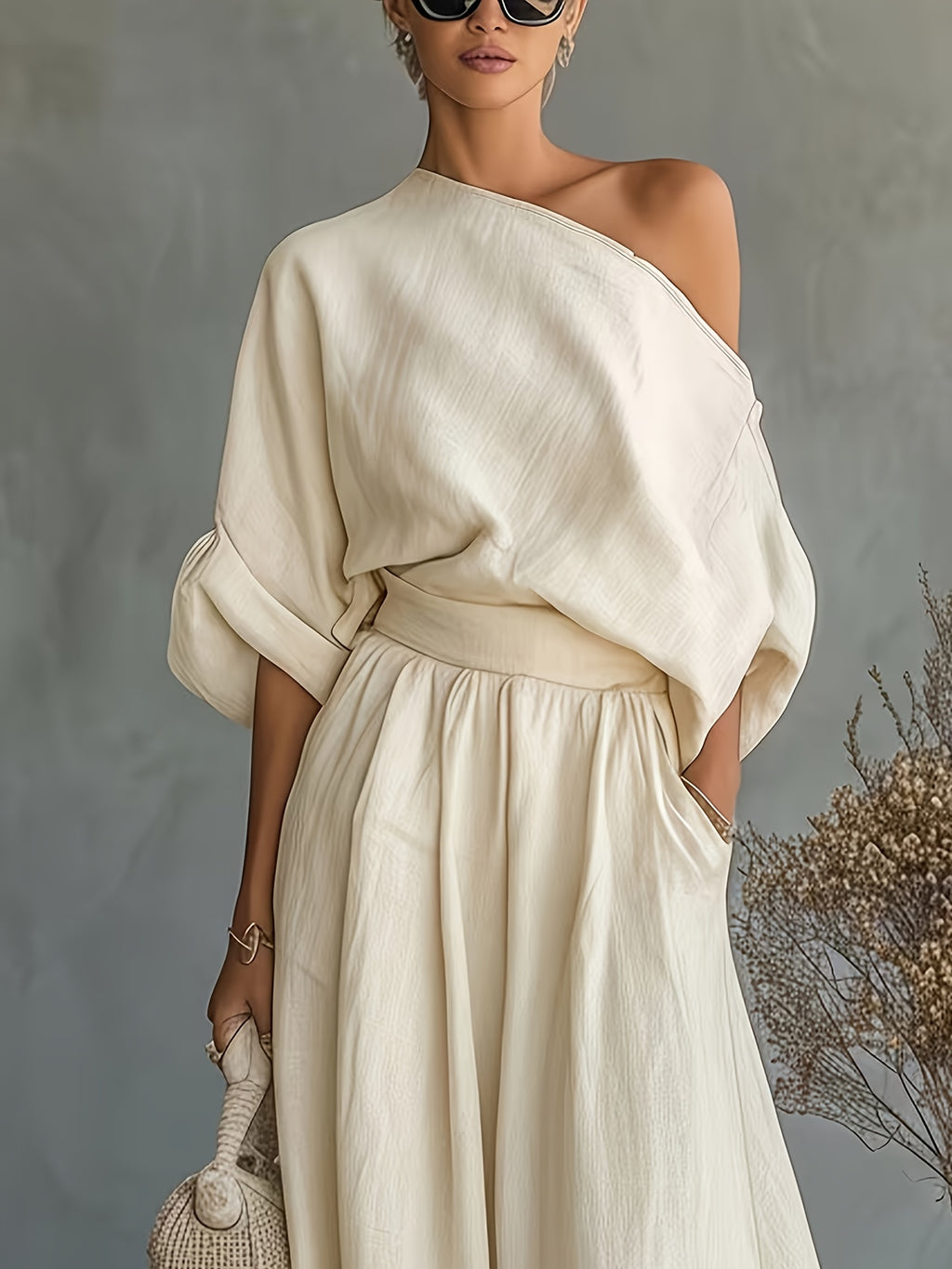 Women's Fashionable and Elegant Set: Simple Casual Cropped Loose-Fit Off-Shoulder Puff Sleeve Top with Niche Design and Oversized A-Line Skirt