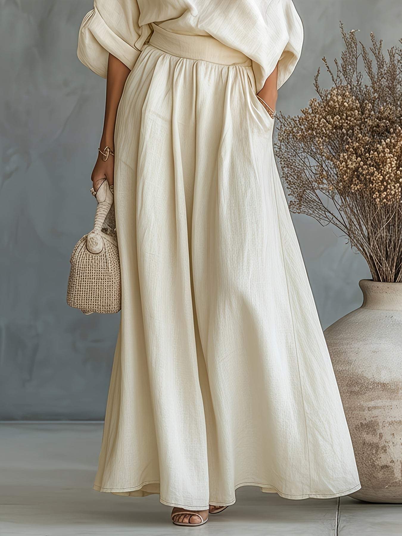 Women's Fashionable and Elegant Set: Simple Casual Cropped Loose-Fit Off-Shoulder Puff Sleeve Top with Niche Design and Oversized A-Line Skirt