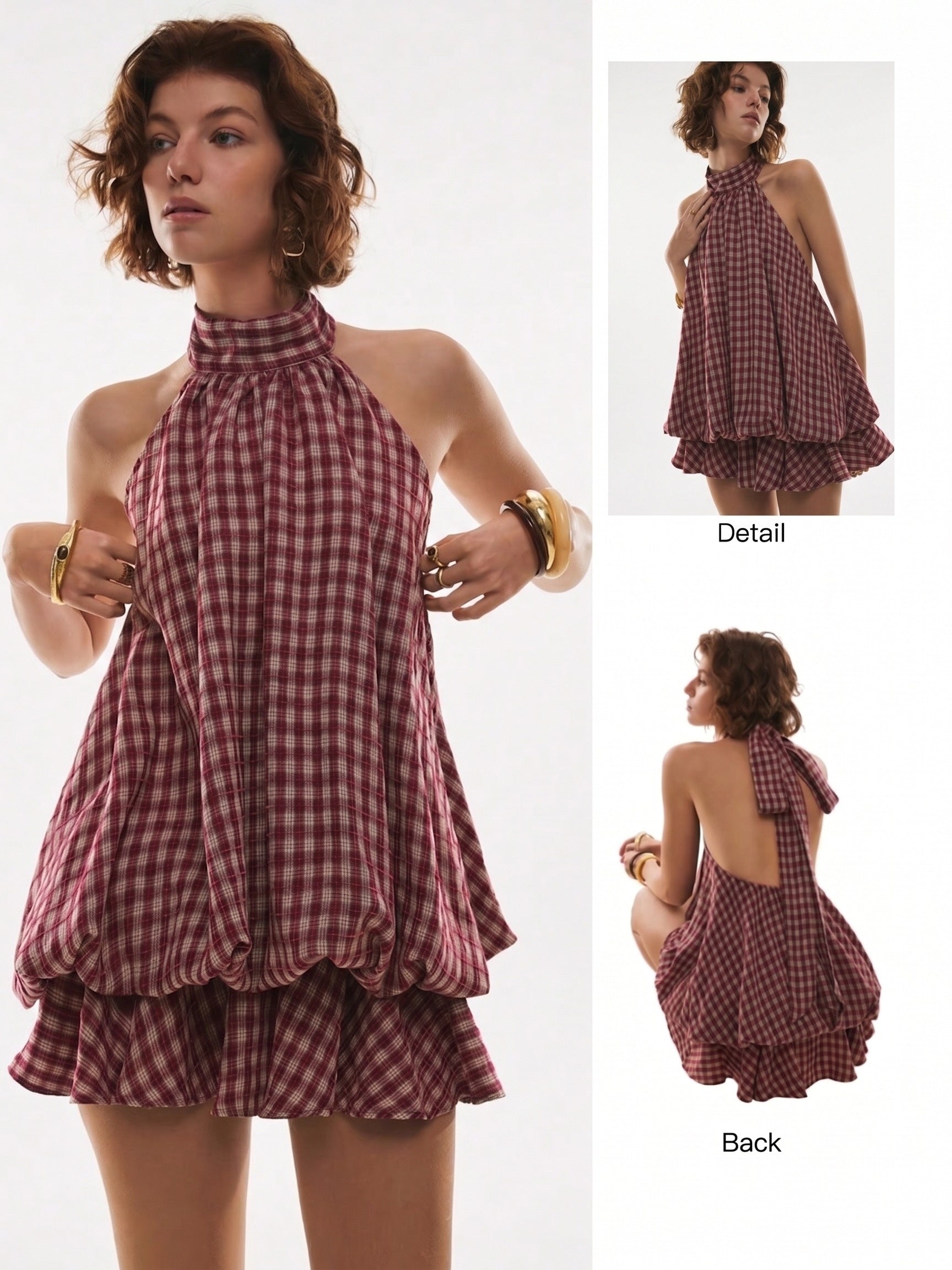 Women'S Fashion Plaid Sleeveless Halter Tie-Back Layered Bud Puff Hem Mini Dress, Vintage Plaid Vacation Mini Dress, Sleeveless Dress, Backless Midi Dress, Suitable for Daily Casual, Beach Vacation, Party Wear