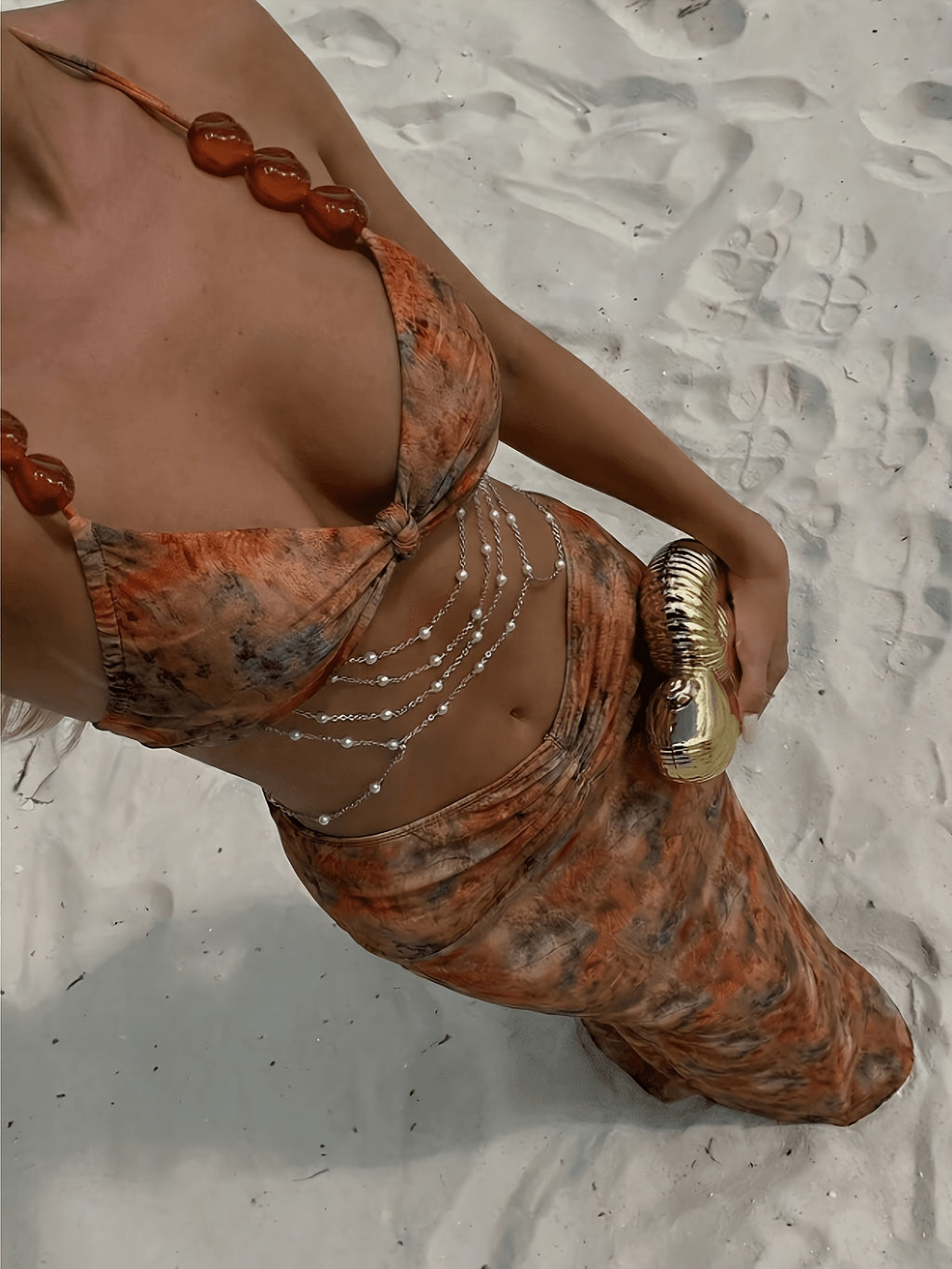 [Pearl Bikini Set] 3pcs Asymmetrical Pearl-embellished Bandeau Bikini Top, Bottoms, and Pleated Front Skirt, Sexy Women's Swimsuit Set, Spring/summer Beaded Bikini Orange 3pcs Set, Women's Beaded Swimsuit 3pcs Set
