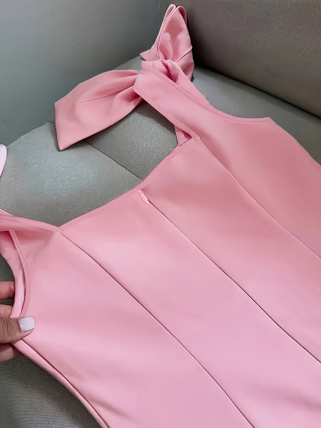 Ladies Party, Dress, Versatile for Vacation, Pink Square Neck Bow Wide Shoulder Strap Slim Dress [Nian Nian]