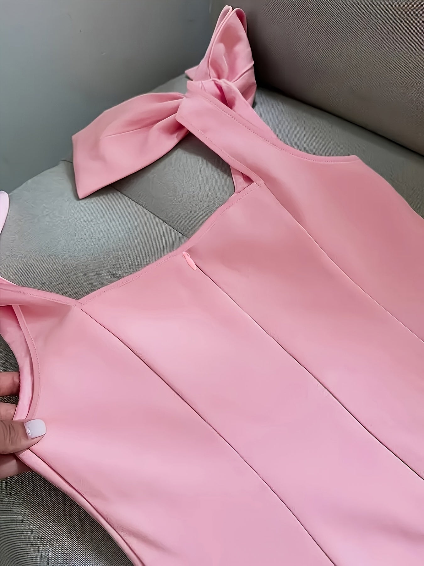 Ladies Party, Dress, Versatile for Vacation, Pink Square Neck Bow Wide Shoulder Strap Slim Dress [Nian Nian]
