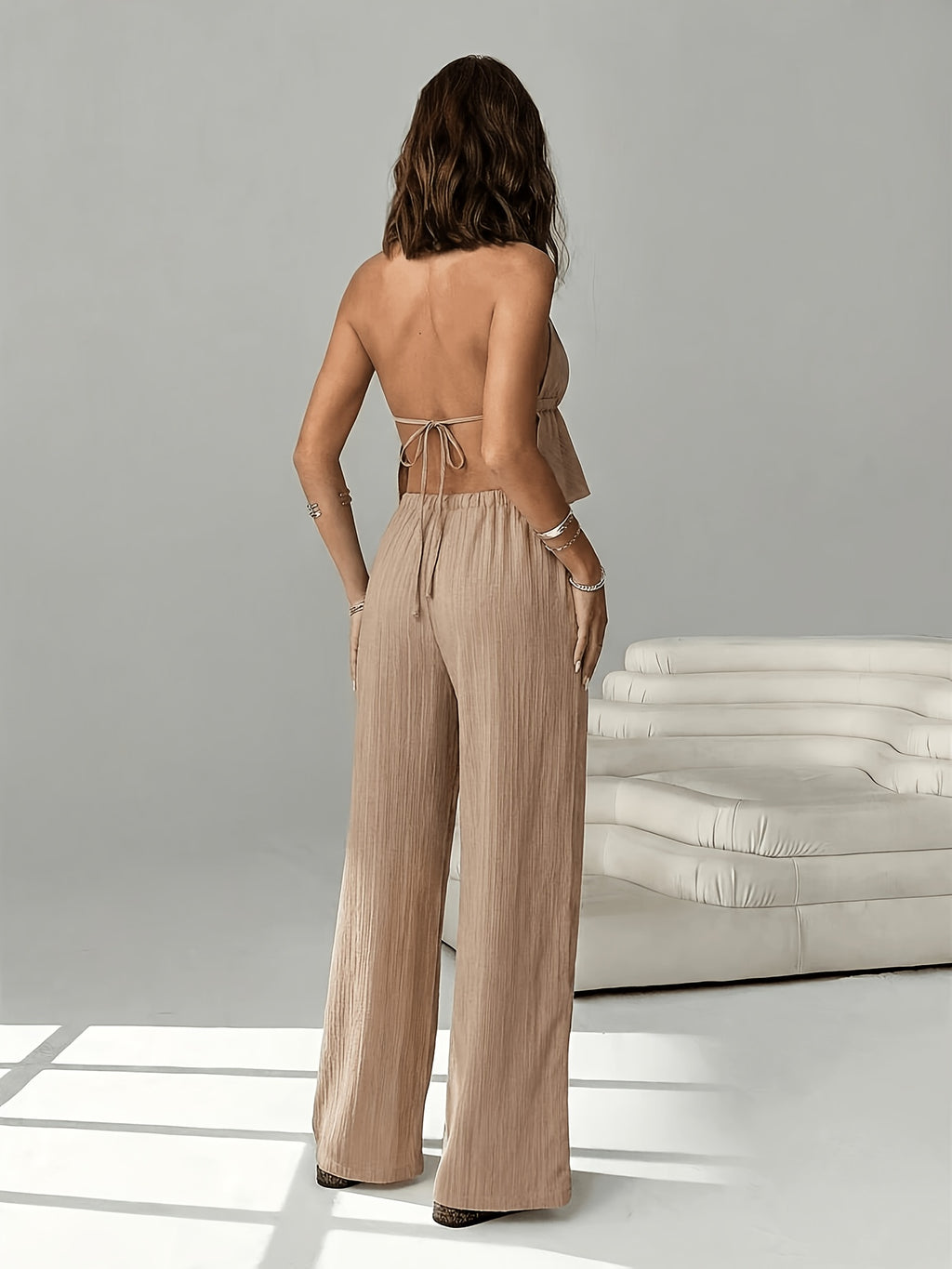 2pcs Outfit, Including a Tie Halter Strapless Top And Wide-Leg Drawstring Pants Set. Suitable for Club Party Wear, Vacation Wear, Women'S Beachwear, Carnival Party Wear, Hawaiian Style Wear, And Island Resort Wear