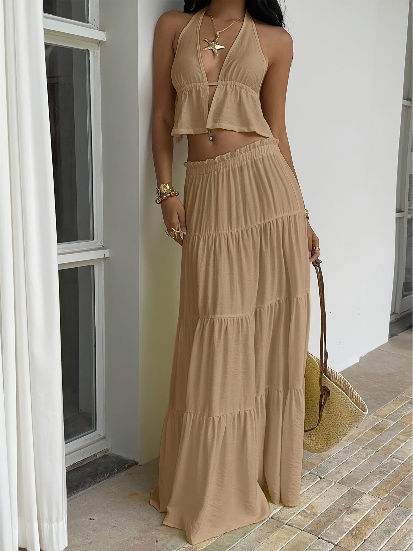 Women's Romantic Vacation Khaki Elegant Halter Top & Layered Ruffle Maxi Skirt Set | Flowing Layered Slim Fit, Full of Atmosphere, Ideal for Beach Strolling and Stunning Seaside Looks