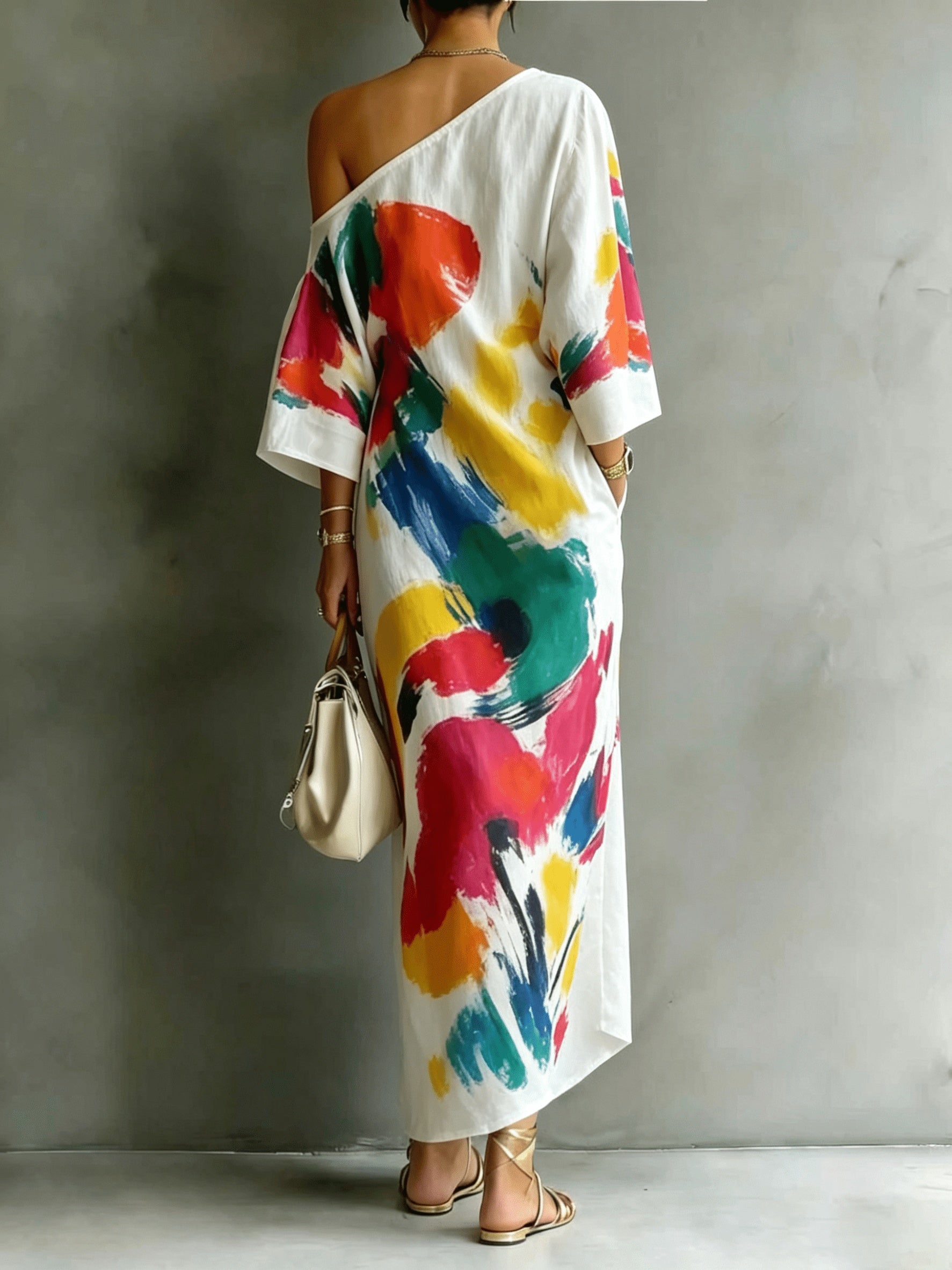 Women'S Fashionable Everyday Wear, Casual And Versatile, Random Print, Asymmetrical Off-Shoulder Neckline, Short-Sleeved Long Dress