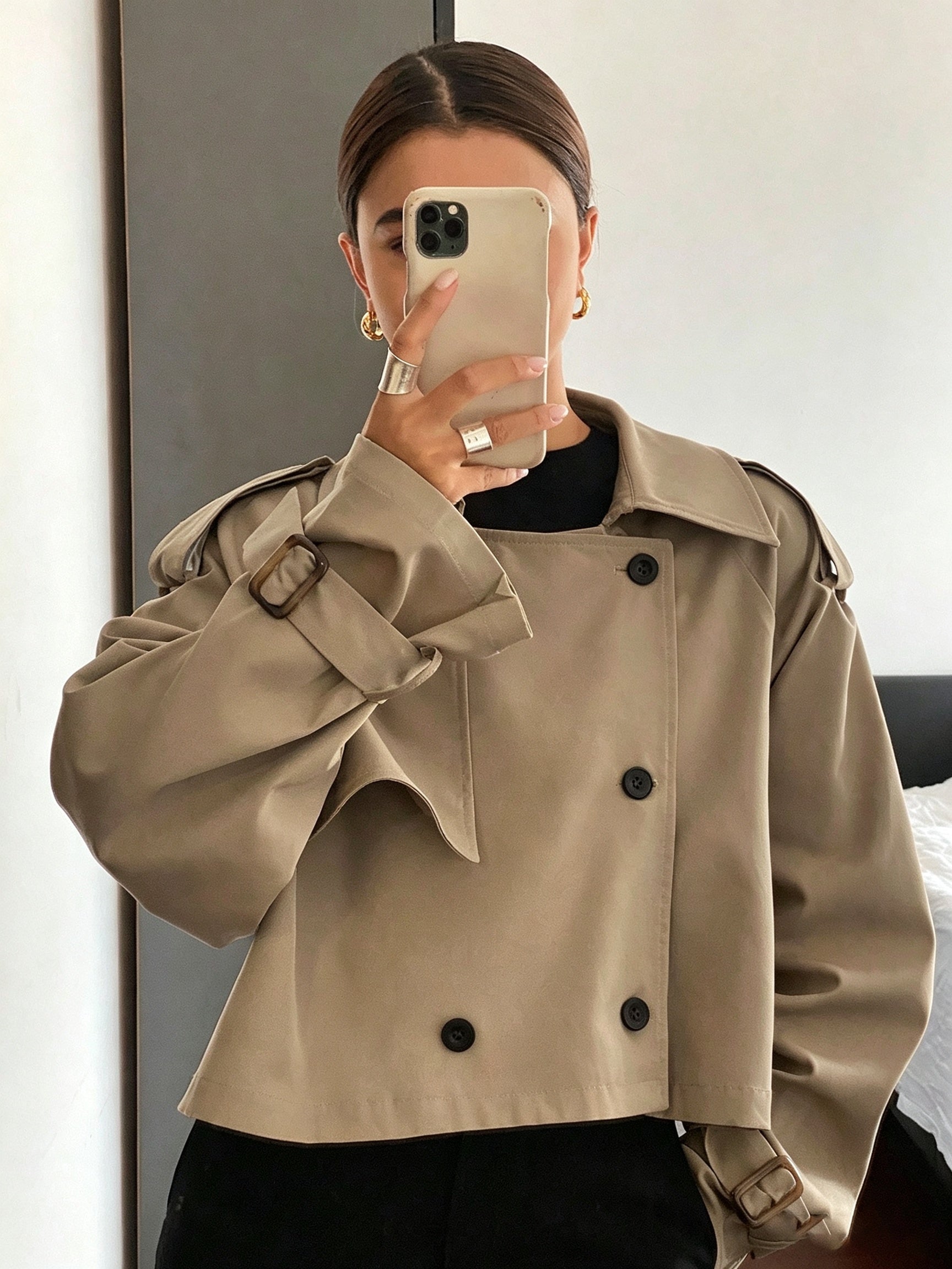Elegant Trench Coat | Women's New Spring/Autumn Front Button Short Long-Sleeve, Fashionable and High-End Suit Lapel Solid Color Outerwear