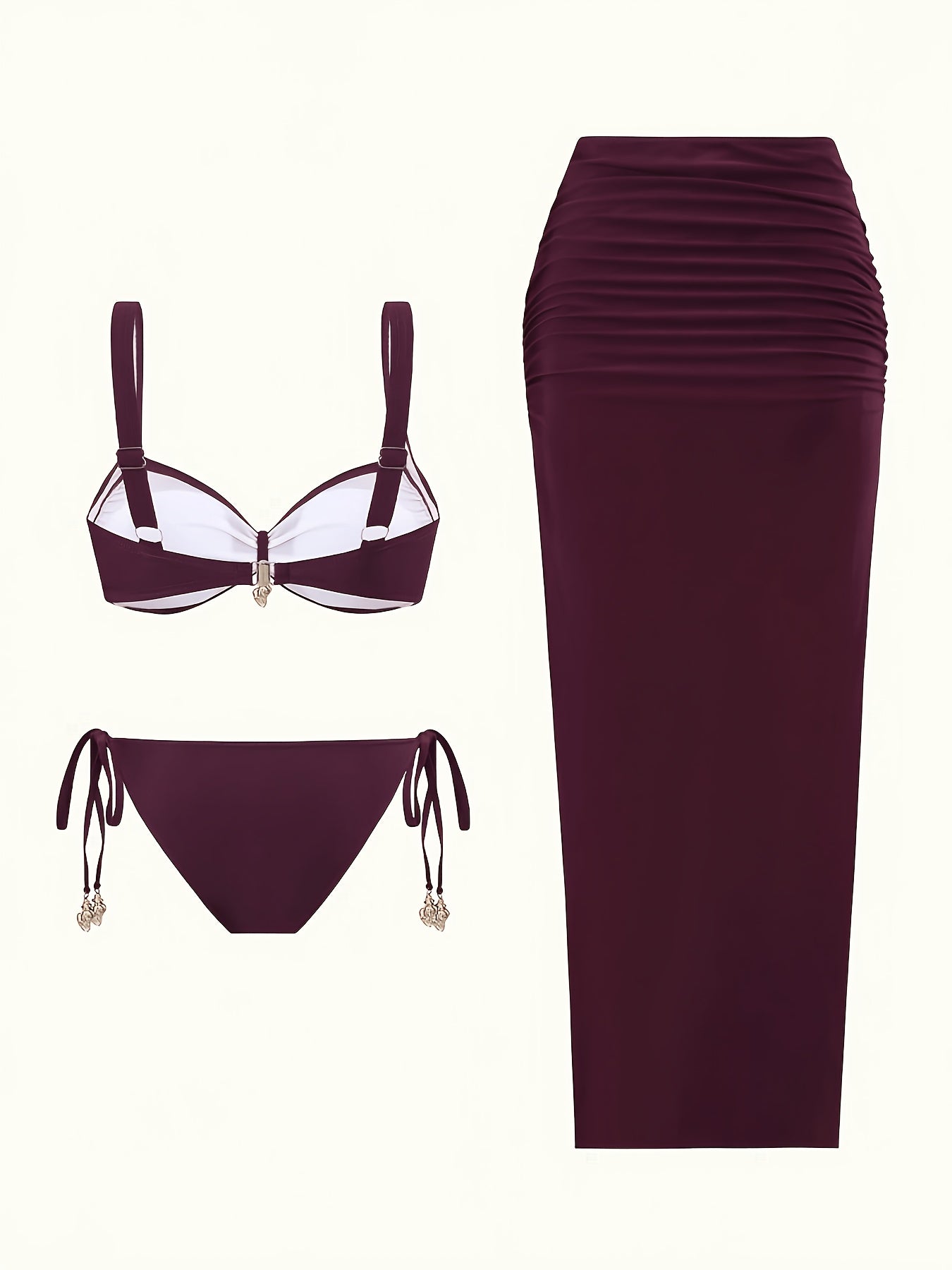 Women's 3 PiecesVacation Set: Elegant Metallic Seashell Brown Ruched Swimsuit with Side Slit Suspender Dress Beach Summer