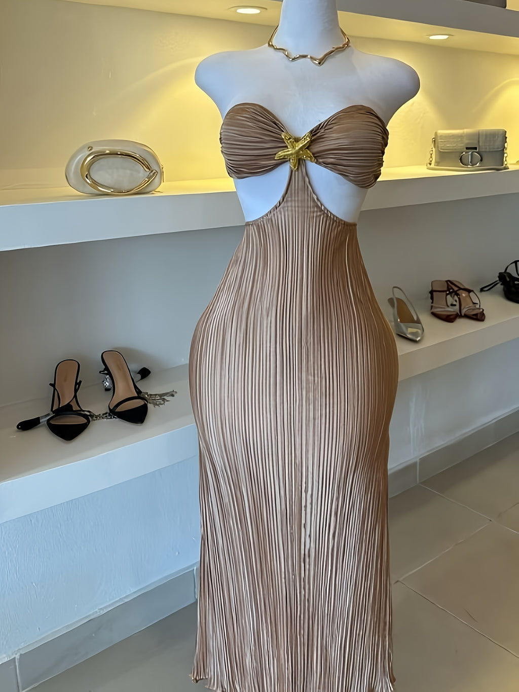 Women's Cross-border Hot Style Bandage Neckline Dress, Khaki Pleated Cut-Out Design Slim Fit Hip-Wrapping Long Gown