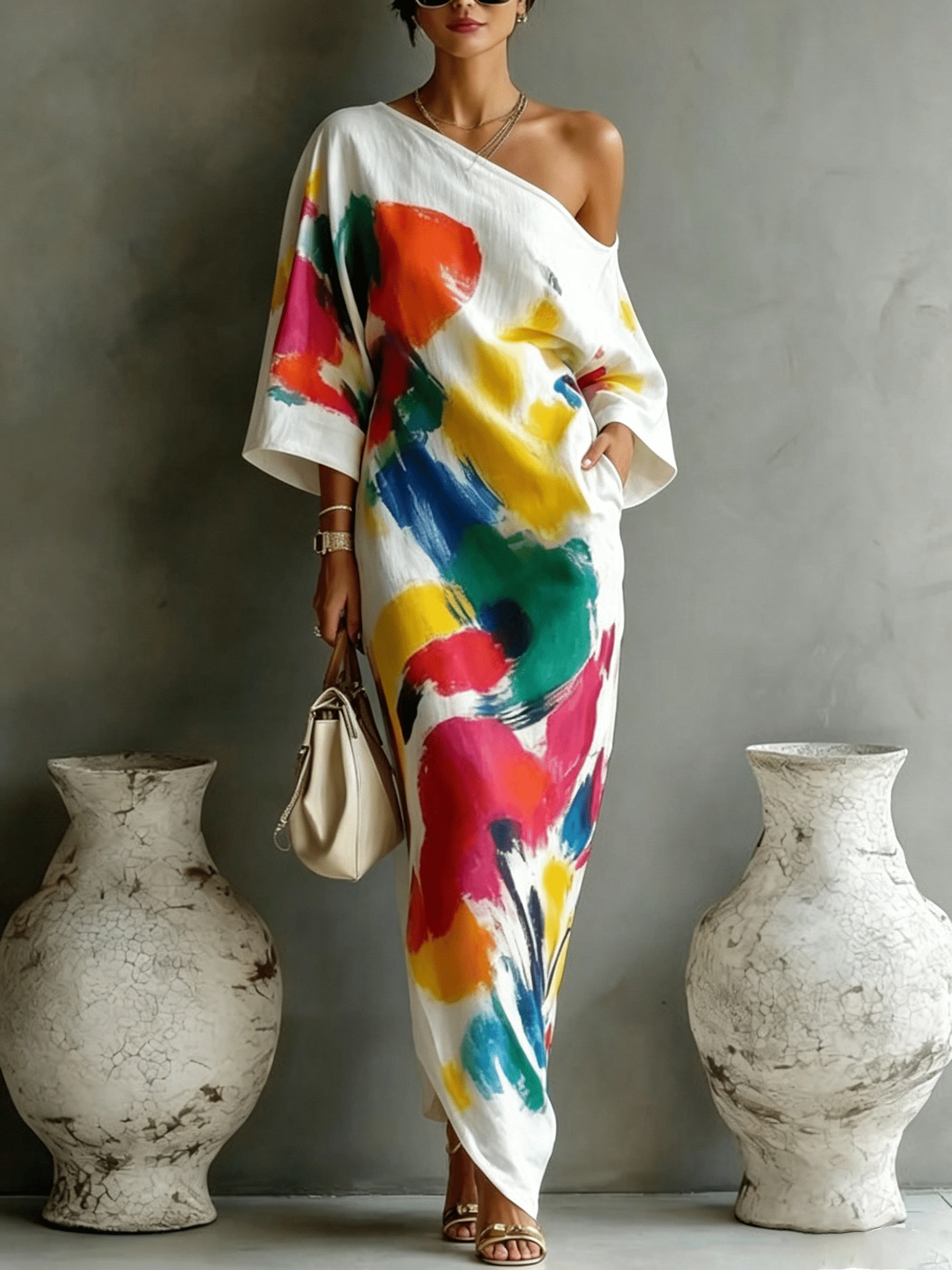 Women'S Fashionable Everyday Wear, Casual And Versatile, Random Print, Asymmetrical Off-Shoulder Neckline, Short-Sleeved Long Dress