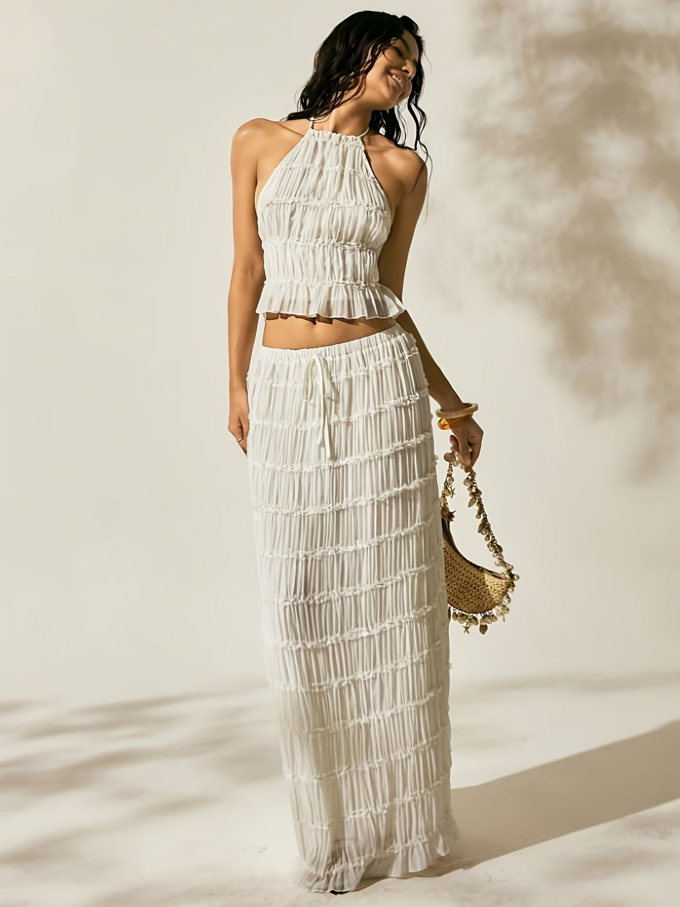 2pcs Women's New Arrival Solid Color Multi-Layered Crafted Fabric Backless Halter Neck Vest Shirt Top with Tie-Detail Long Skirt Set, a Stylish and Elegant Outfit for Seaside Beach Vacations, Outings, Dates, Parties, Street Fashion, Casual Afternoon