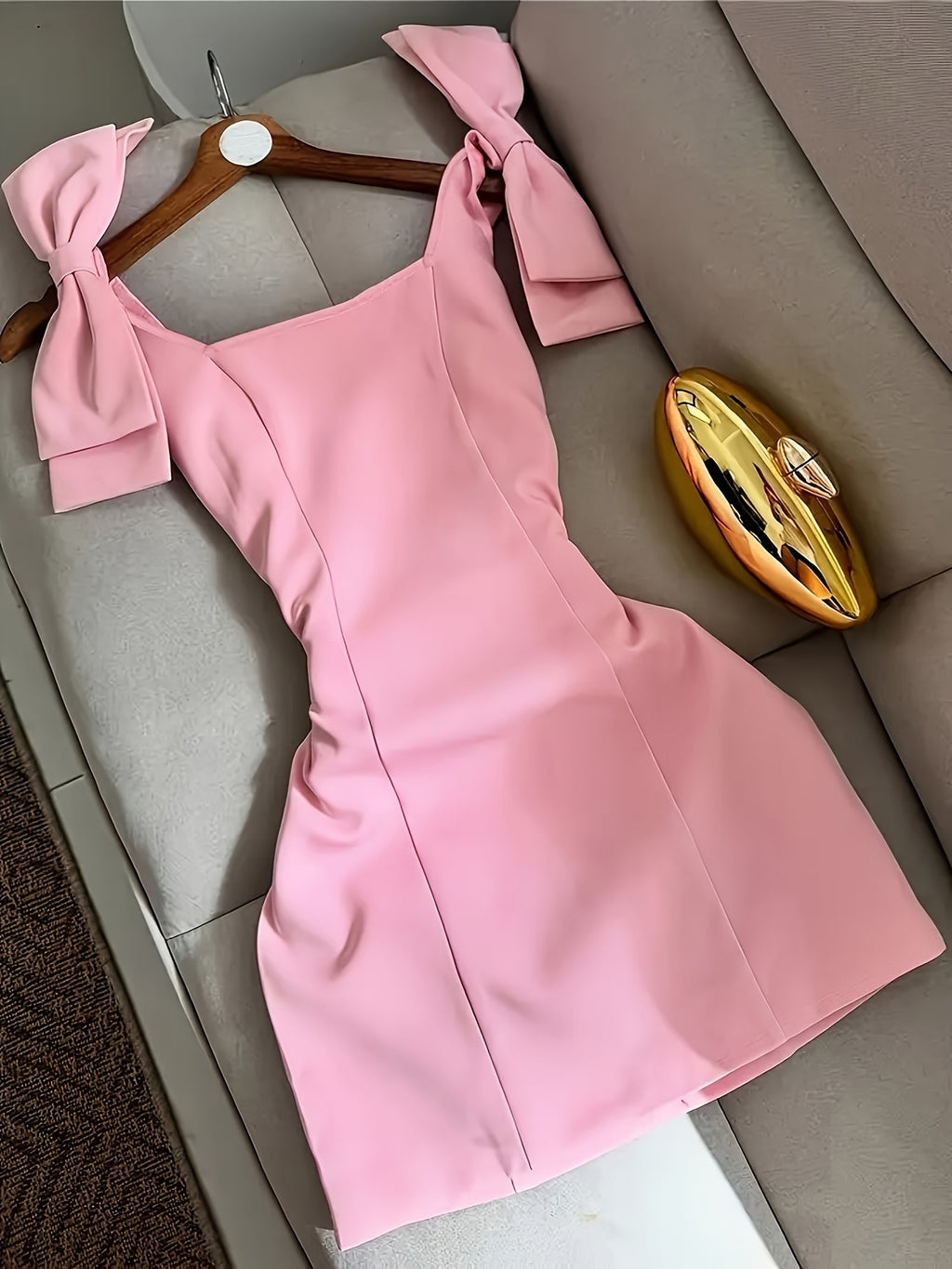 Ladies Party, Dress, Versatile for Vacation, Pink Square Neck Bow Wide Shoulder Strap Slim Dress [Nian Nian]