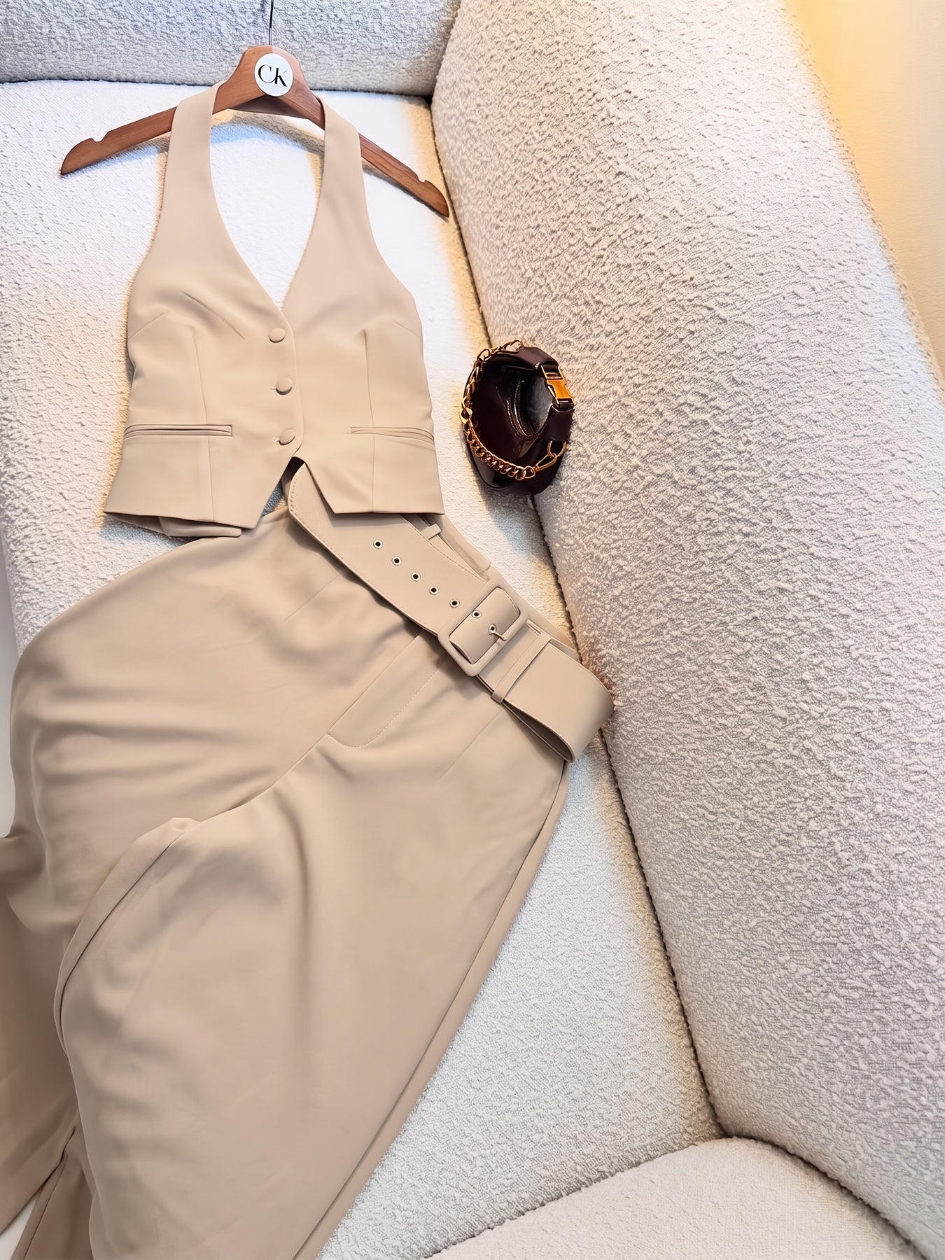 Women'S Solid Color Halter Top And Suit Trousers, Casual Commute Elegant Set