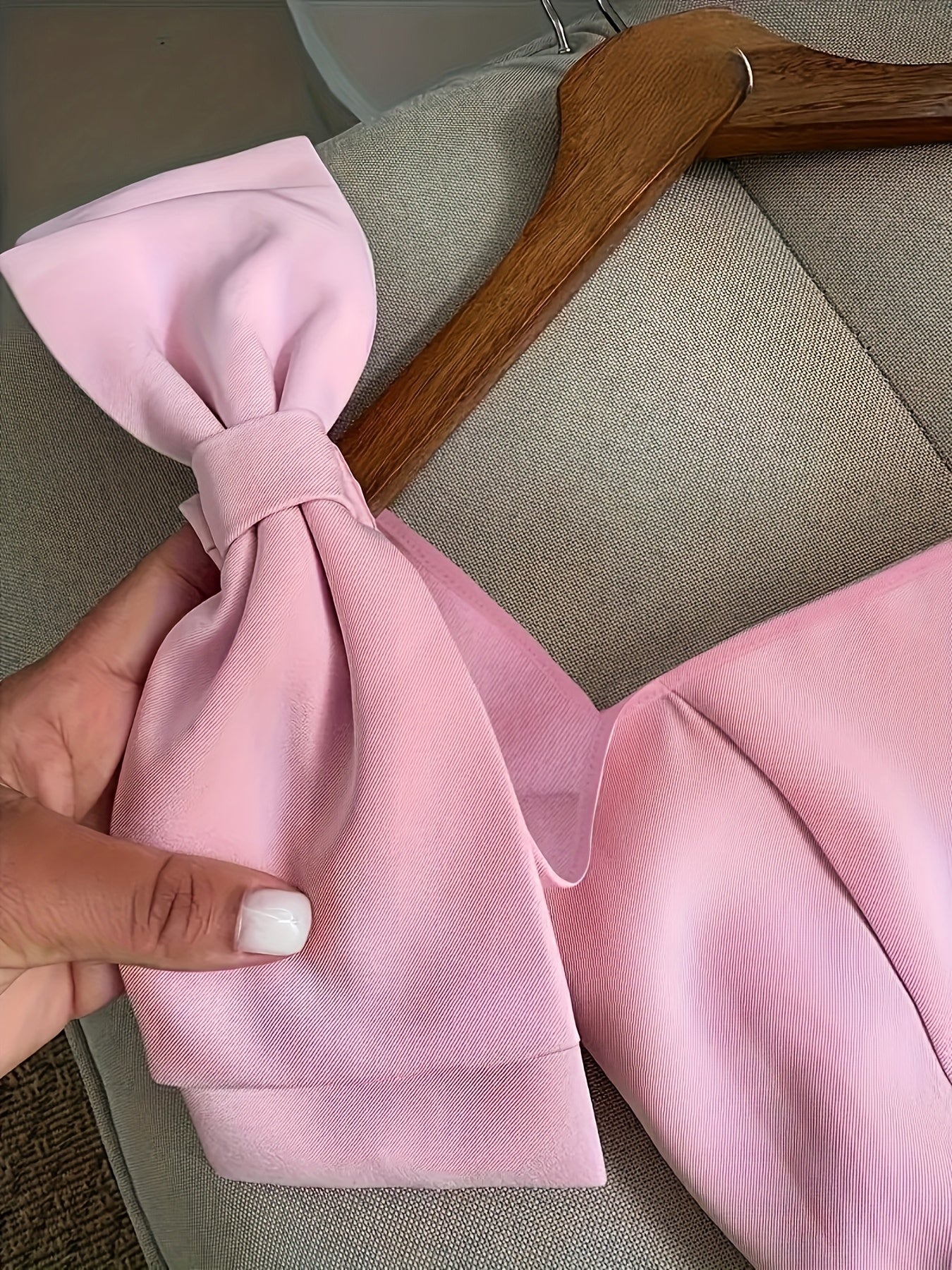 Ladies Party, Dress, Versatile for Vacation, Pink Square Neck Bow Wide Shoulder Strap Slim Dress [Nian Nian]