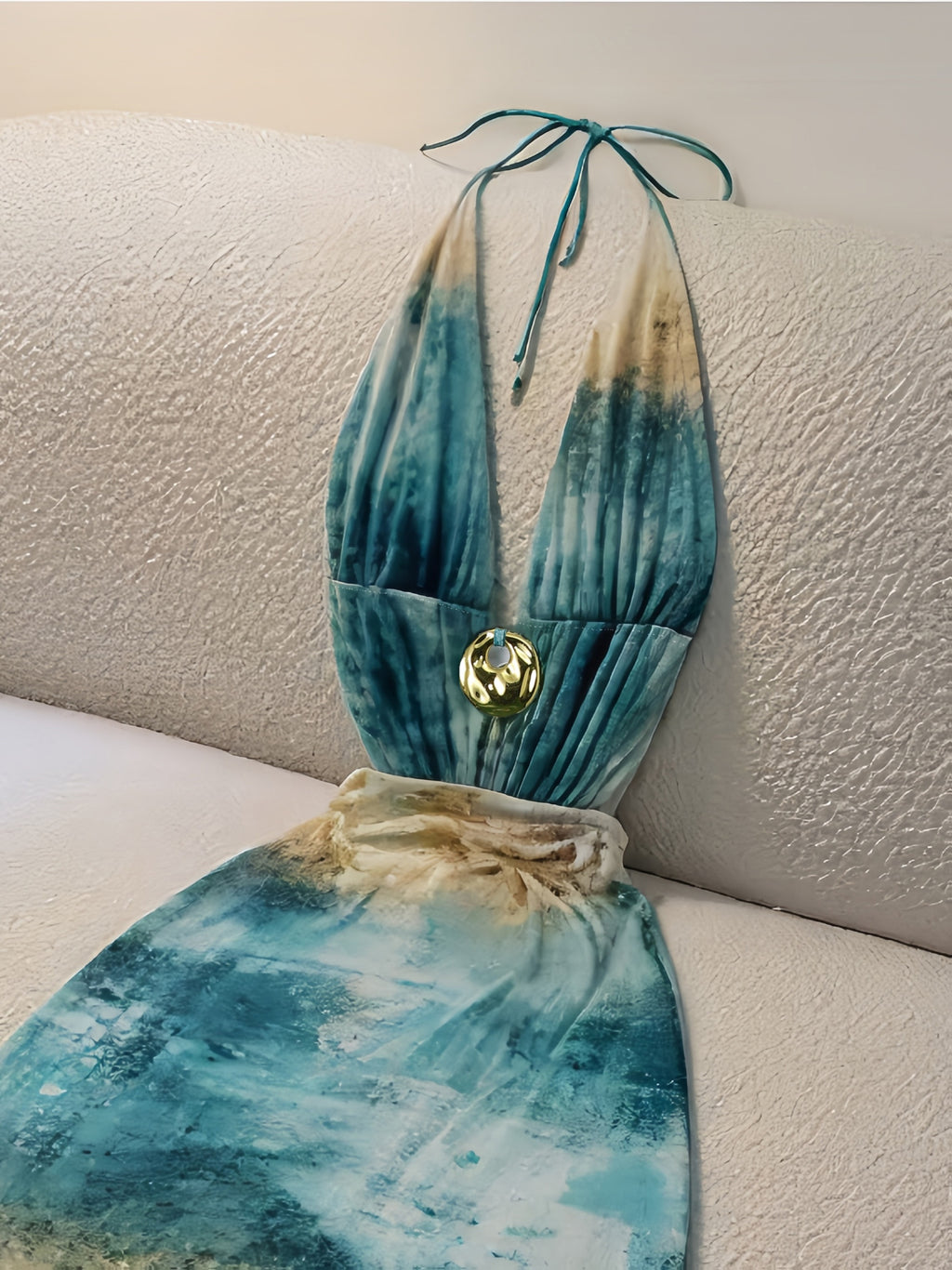 [Halter Evening Gown] Cryseny Women's -Neck Halter Backless Dress - Blue & Golden Gradient Smudged Ink-Wash Sleeveless Evening Gown, Long Dress Suitable for Parties, Weddings, Prom