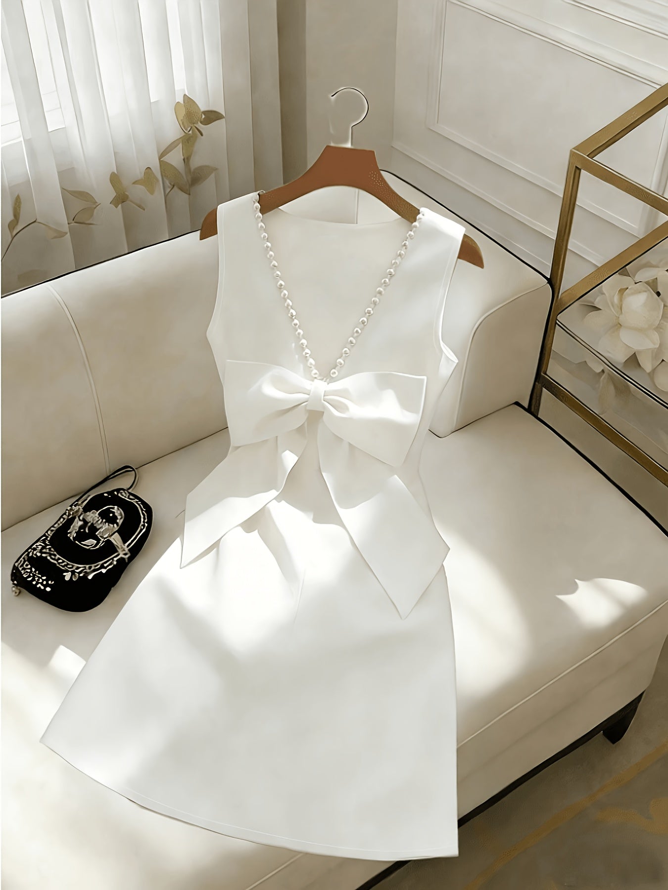 Women'S Backless Beaded Bow Decoration Sleeveless Dress, Party Outing, Work Afternoon Tea Elegant Dress, Summer Fashion Choice, Suitable for Daily Wear