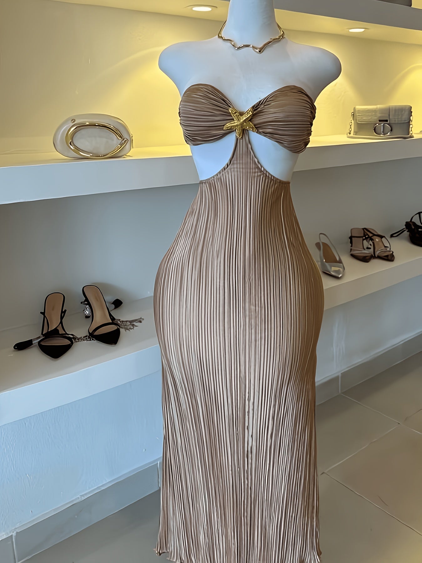 Women's Halter Neck Tube Dress in Khaki with Pleated Cut-Out Design, Slim-Fitting Bodycon Evening Gown
