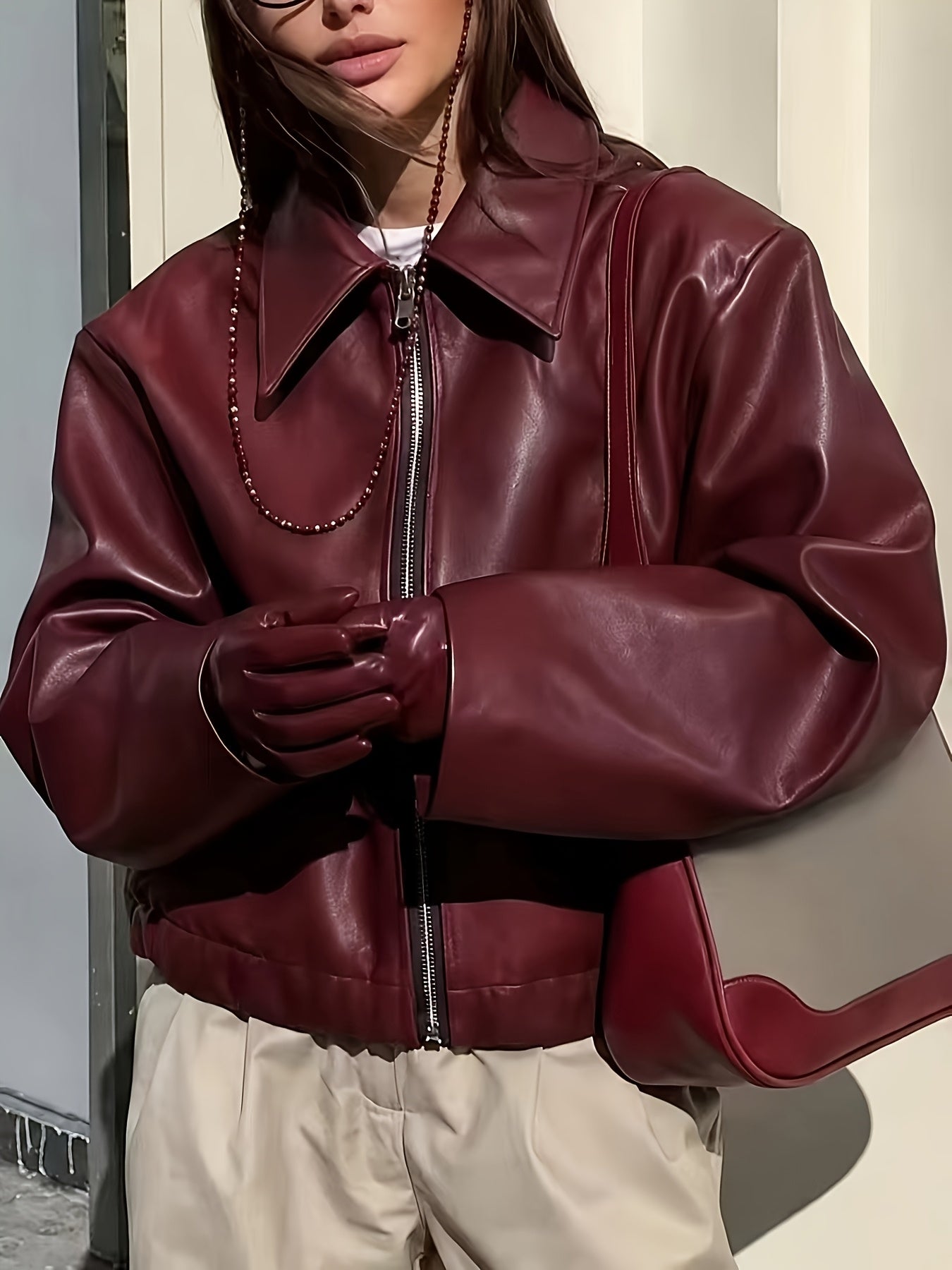 Ladies Fashion Casual Faux Leather Jacket Top