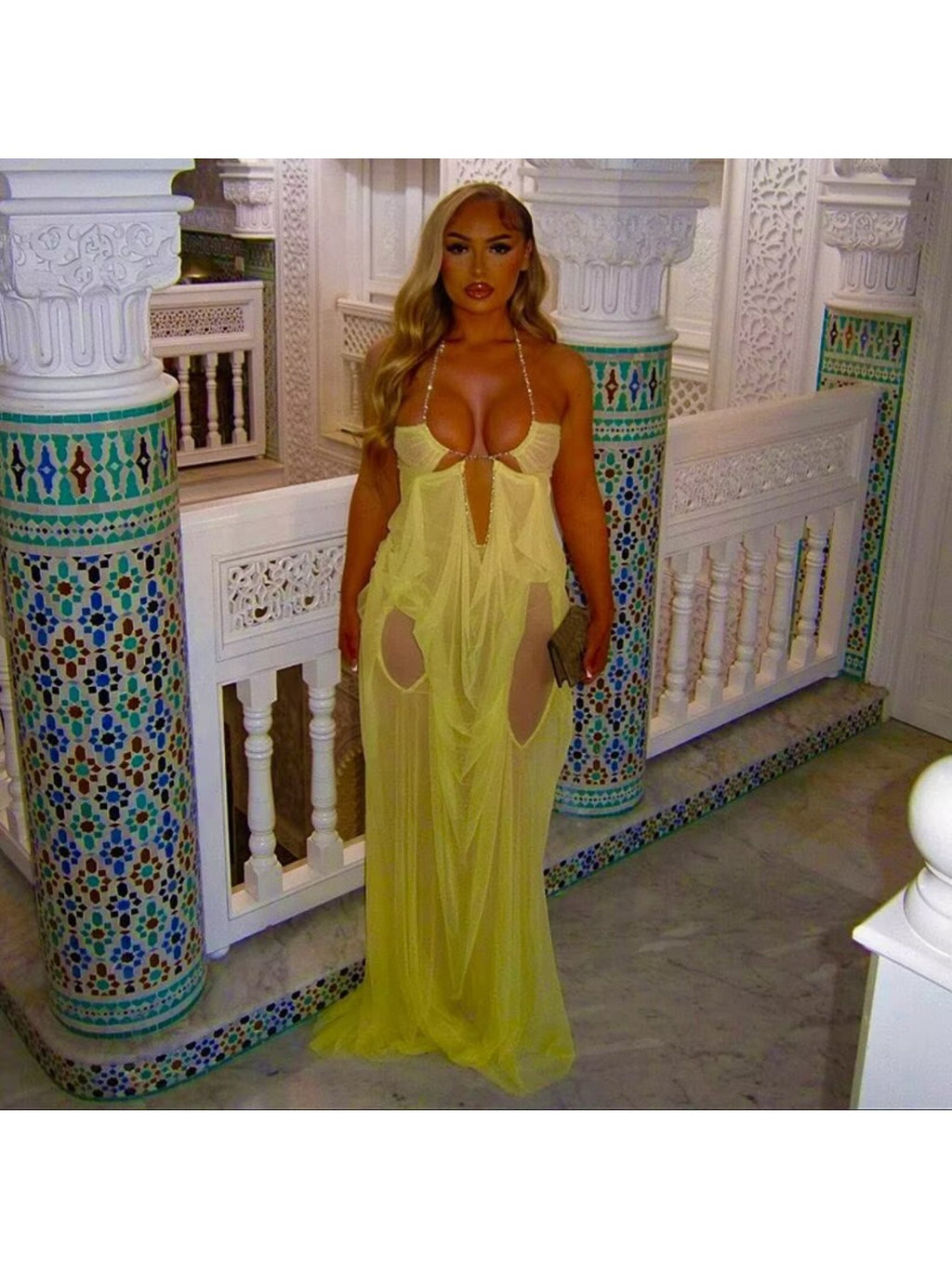 Y2K Women'S Spring Summer Banquet Light Blue Tulle Maxi Gown with Chain Halter Cutout Sheer Floor-Length Dress - Flowy Mesh Creates Stunning Ambiance | Women Long Dresses | Tulle Dresses | Cutout Dresses | Women Banquet Outfits