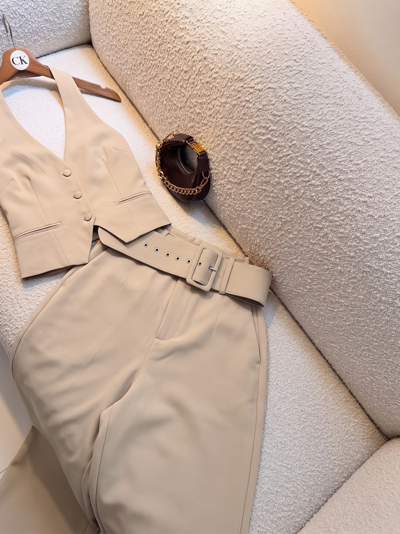 Women'S Solid Color Halter Top And Suit Trousers, Casual Commute Elegant Set