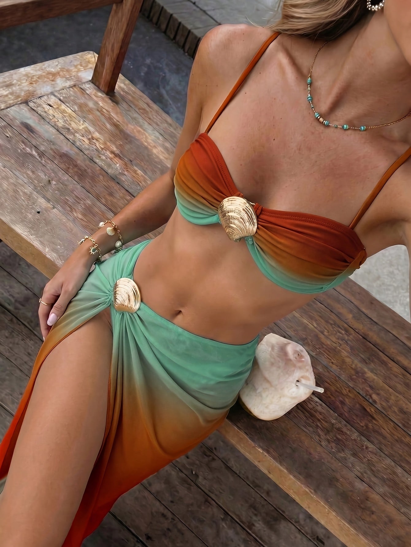 3pcs/Set Shell Decor Ombre Print Halter Bikini Set with Side Slit Maxi Skirt, High-End Fashion Beach Swimwear, Essential for Women'S Summer Beach Vacation