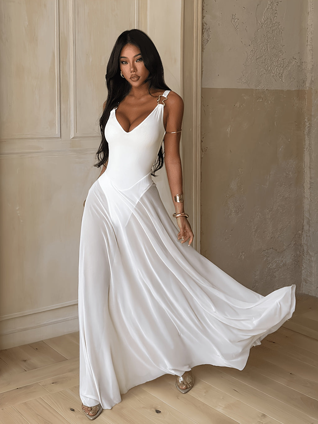 Women'S V-Neck Vacation Mesh A-Line Strap Dress
