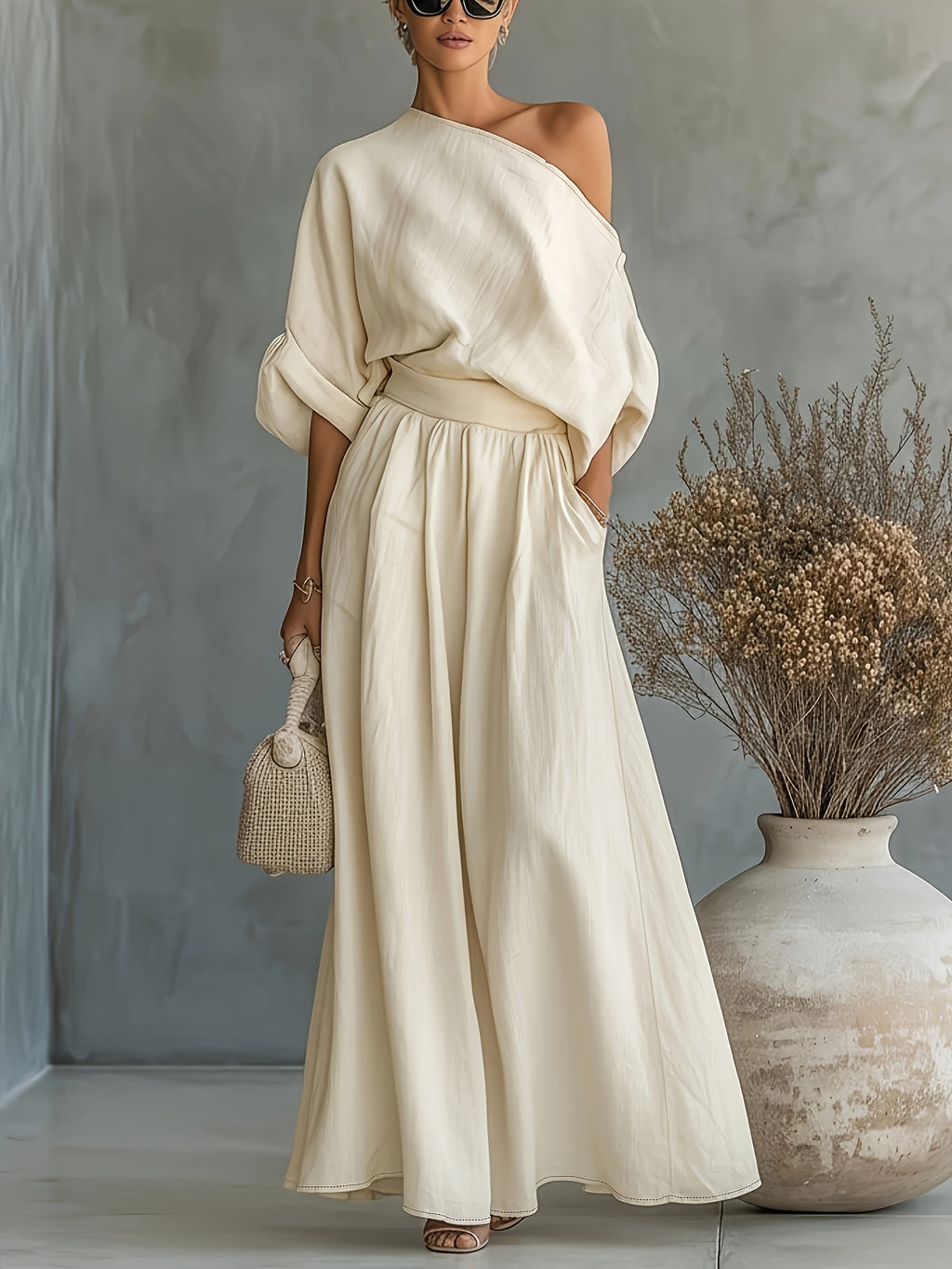 Women's Fashionable and Elegant Set: Simple Casual Cropped Loose-Fit Off-Shoulder Puff Sleeve Top with Niche Design and Oversized A-Line Skirt