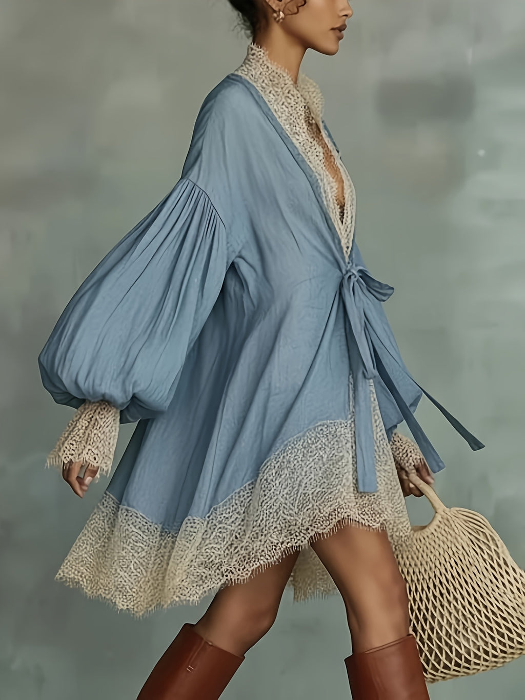 [ZCDX] Elegant Vacation Puff Long Sleeve Lace Patchwork Drawstring Deep V-Neck Beach Cover-Up Short Dress