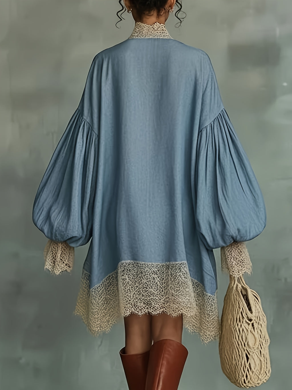 [ZCDX] Elegant Vacation Puff Long Sleeve Lace Patchwork Drawstring Deep V-Neck Beach Cover-Up Short Dress