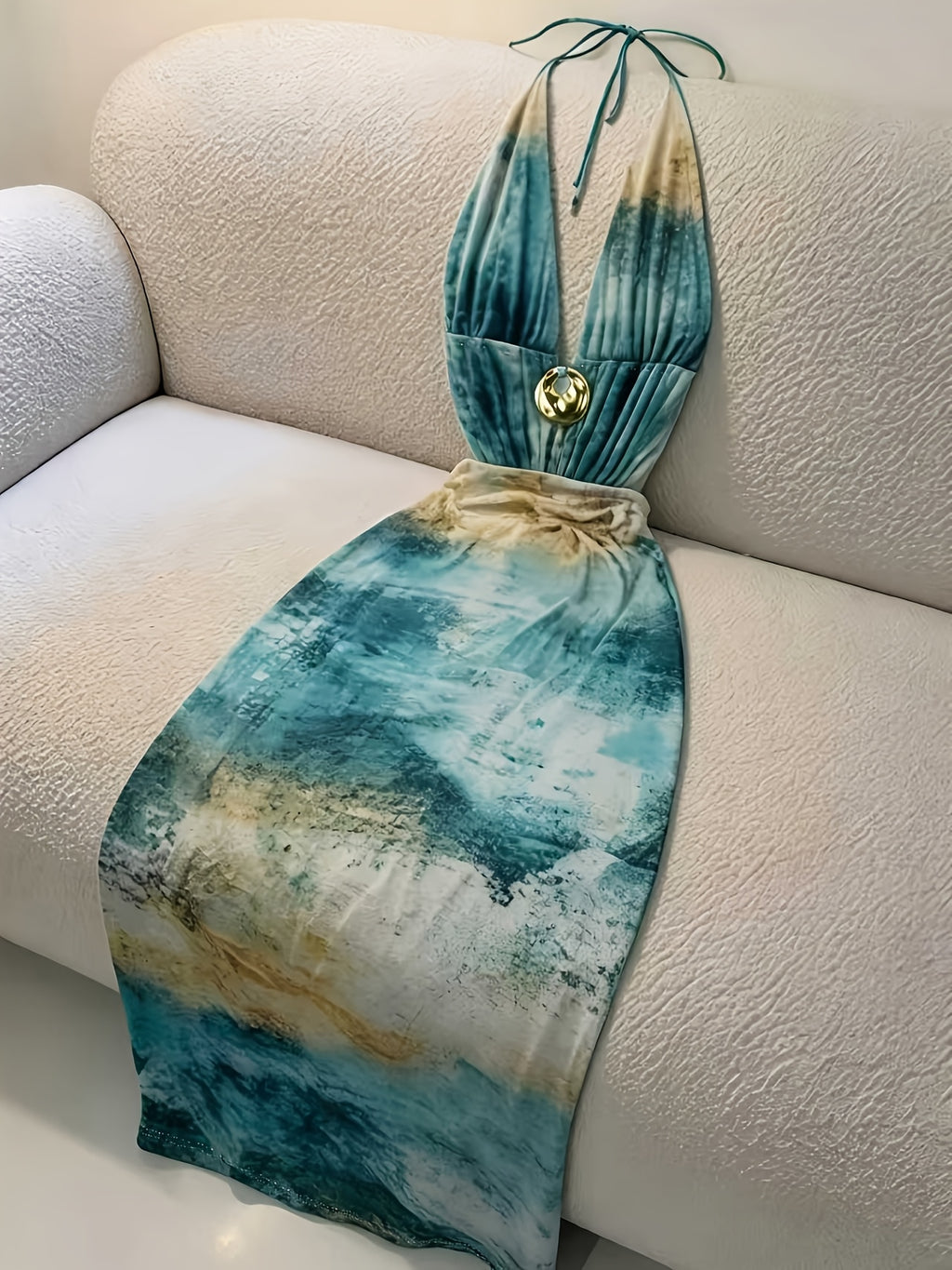 [Halter Evening Gown] Cryseny Women's -Neck Halter Backless Dress - Blue & Golden Gradient Smudged Ink-Wash Sleeveless Evening Gown, Long Dress Suitable for Parties, Weddings, Prom