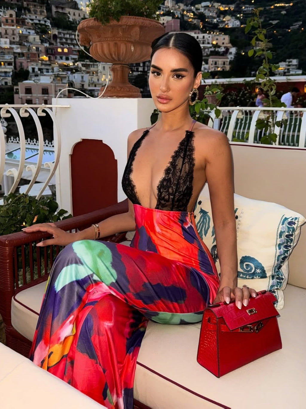 [Elegant Mermaid Dress] Women's Elegant Deep Lace Sleeveless Mermaid Dress with Multicolor Print - Fitted Long Formal Party Wedding Gown for Prom & Gala Events, Machine Washable Red Handbag-Like Hem Accent (No Included)