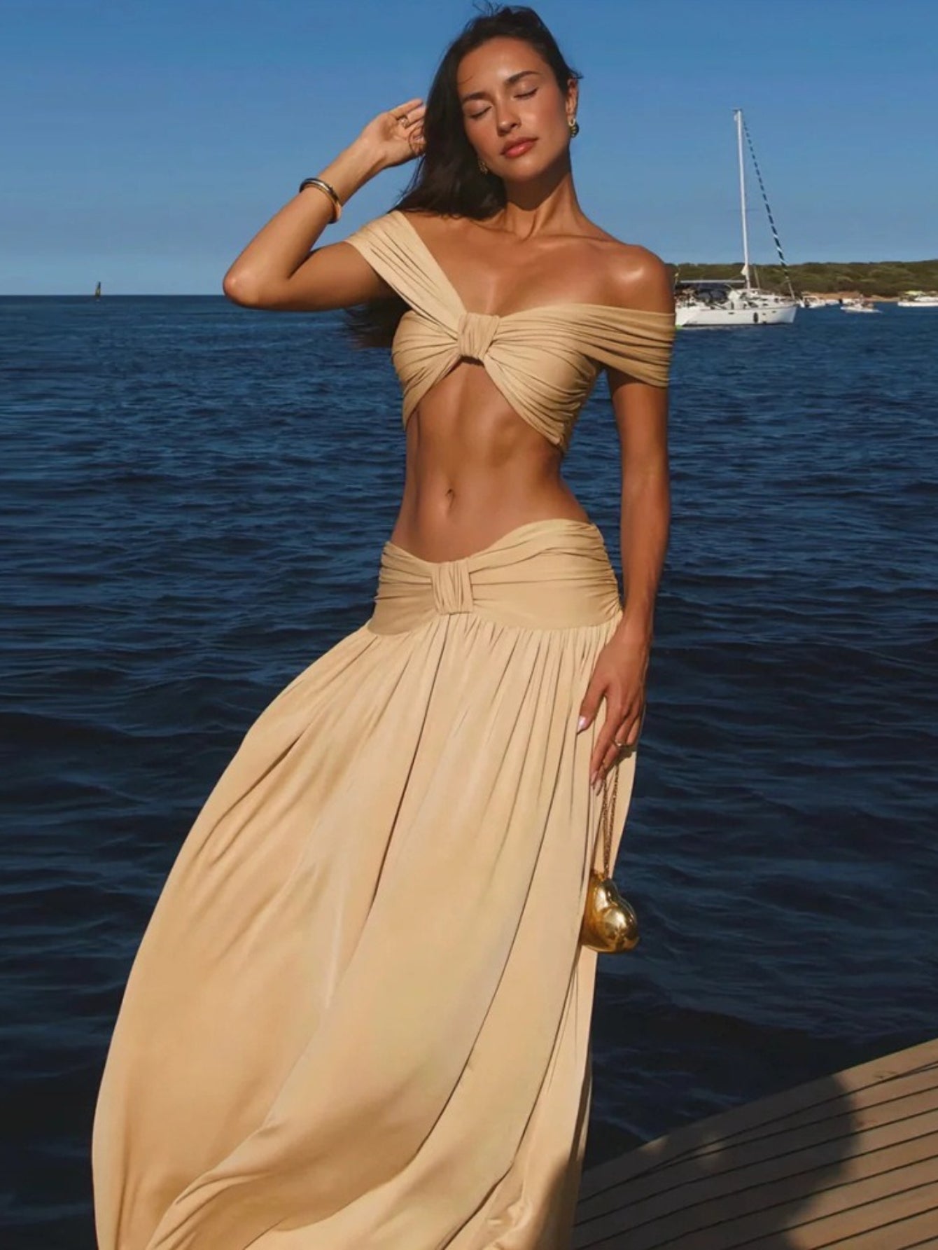2026 New Princess Style Bikini 3pcs Set with Long Skirt, Versatile Luxurious Golden Swimsuit, Sexy and High-End for Beach Holidays