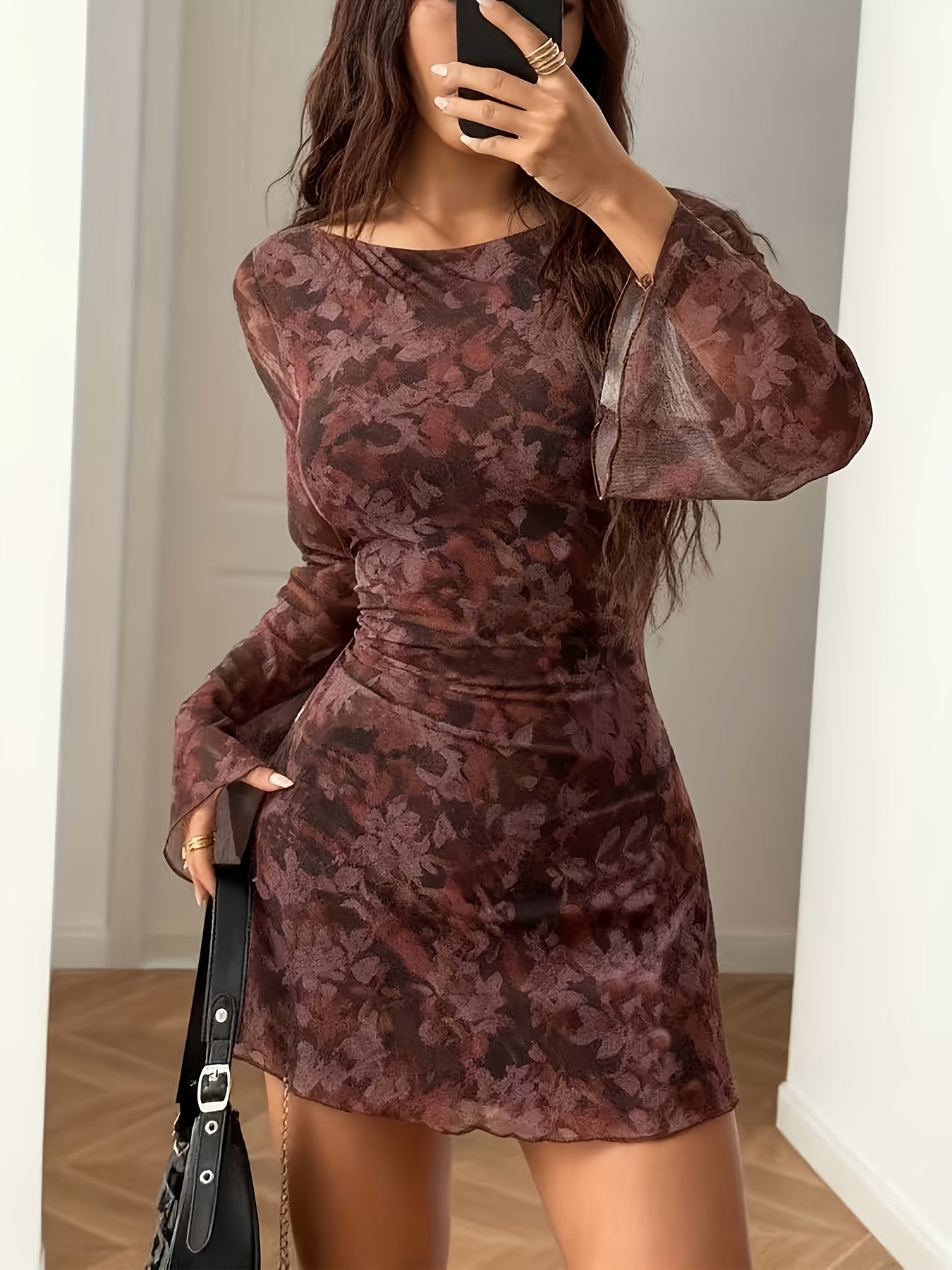 BK1202004 Lingshan Directional Y2K Women'S Spring/Summer Mesh See-Through Retro Print Slim Fit Elegant Sexy Long Sleeve Mini Dress
