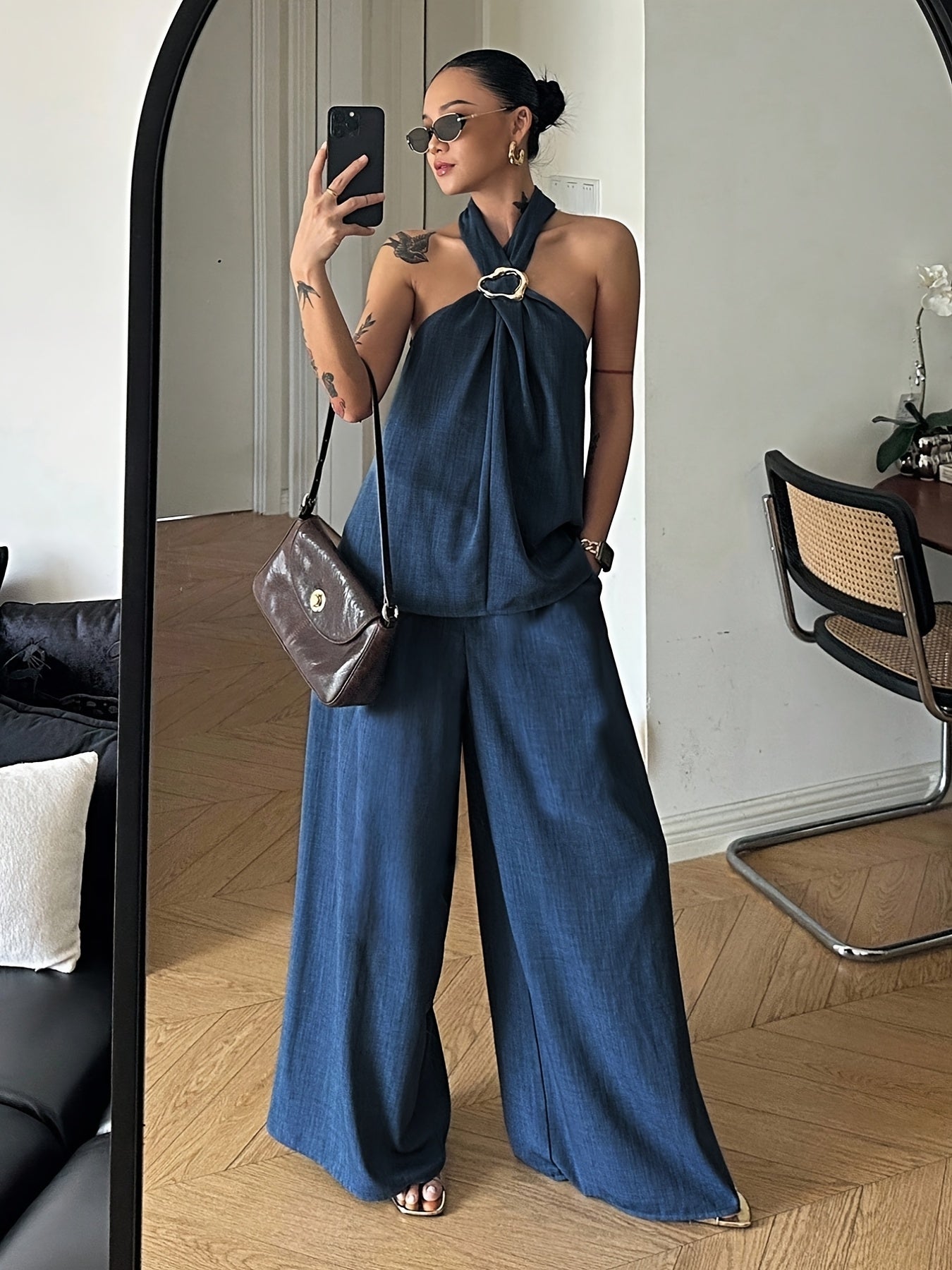 Women'S Elegant Two-Piece Vintage Coin Embellished Backless Halter Top And Wide-Leg Pants Set