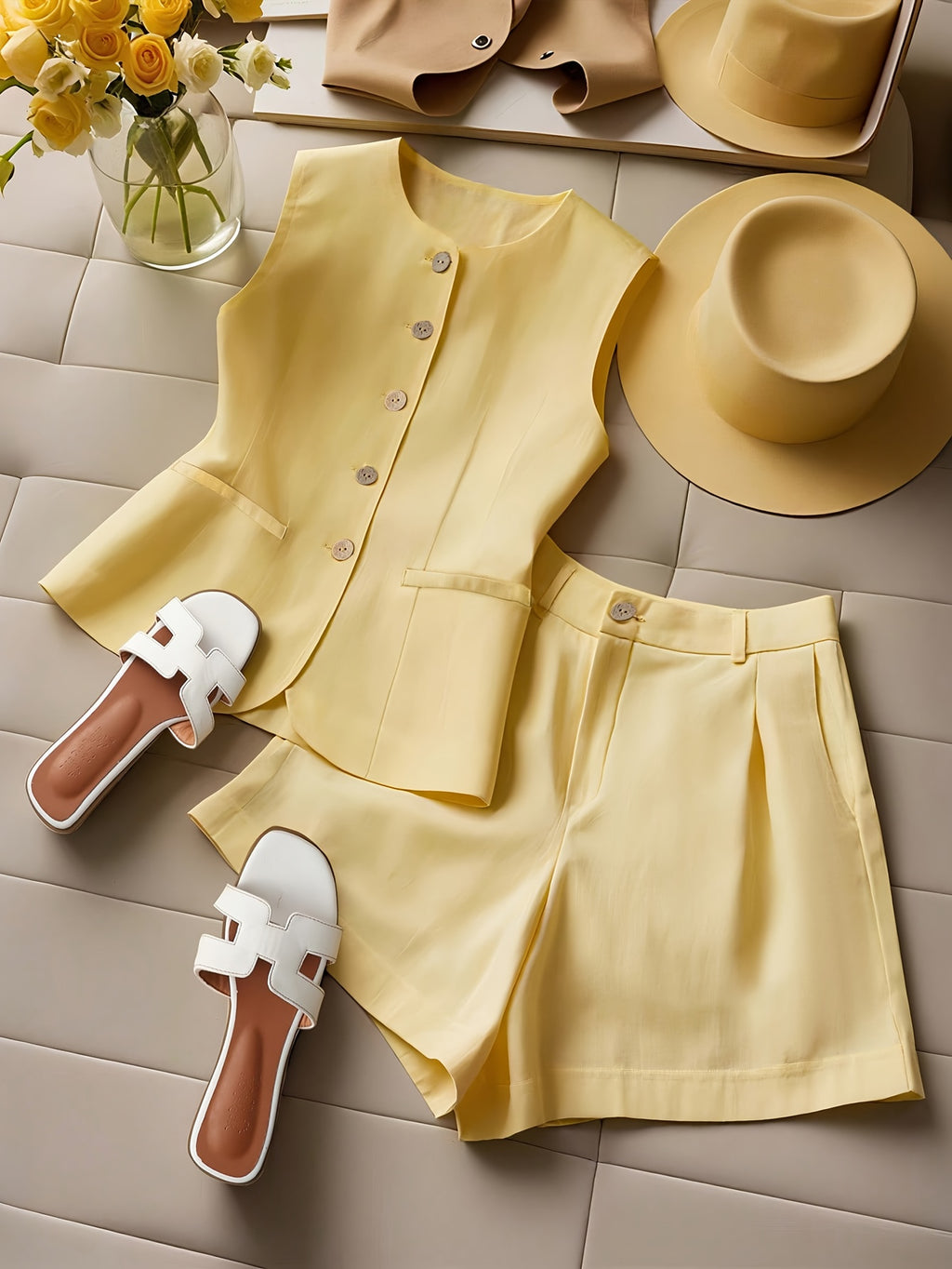 ZD260501002 - Women'S Set - Sleeveless Cardigan And Shorts - Summer Two-Piece - Elegant Casual Women'S Suit - Comfortable Vacation Wear
