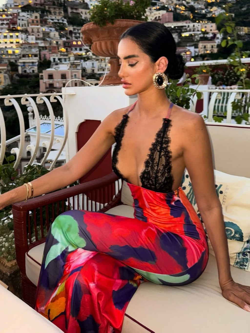 [Elegant Mermaid Dress] Women's Elegant Deep Lace Sleeveless Mermaid Dress with Multicolor Print - Fitted Long Formal Party Wedding Gown for Prom & Gala Events, Machine Washable Red Handbag-Like Hem Accent (No Included)