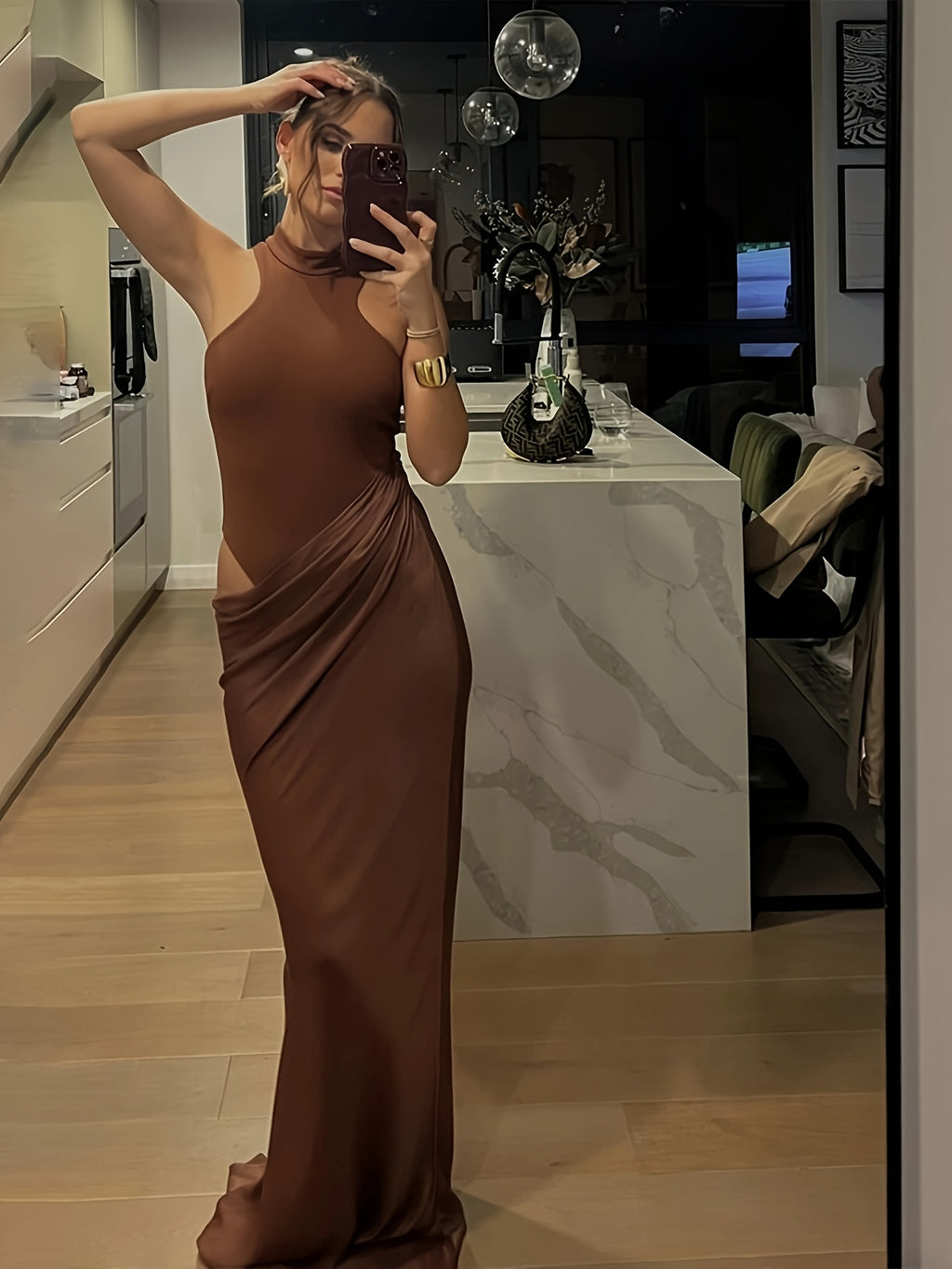 European and American Style New Women's Fashion Half-High Neck Sleeveless Slim-Fit Spliced Hollow-Out Bodycon Dress