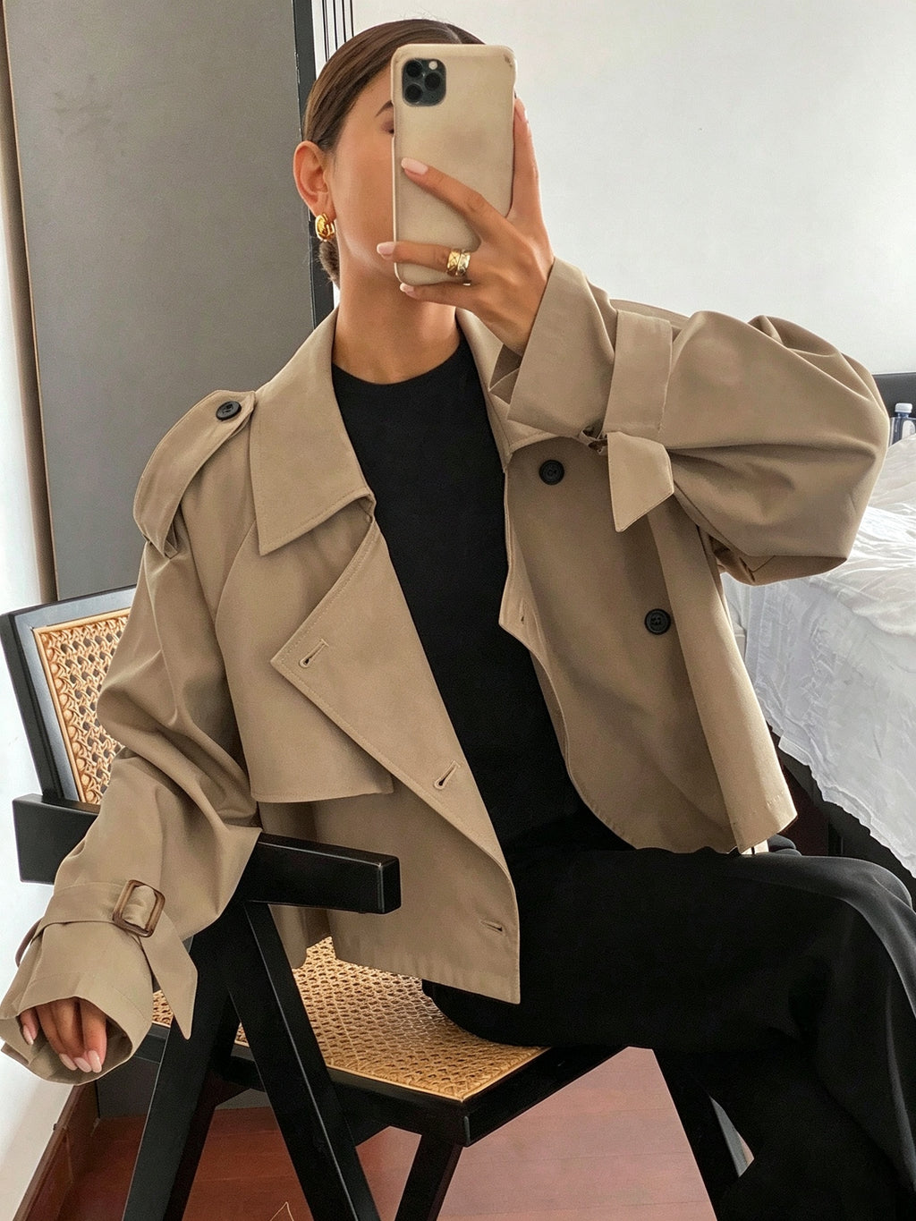 Elegant Trench Coat | Women's New Spring/Autumn Front Button Short Long-Sleeve, Fashionable and High-End Suit Lapel Solid Color Outerwear