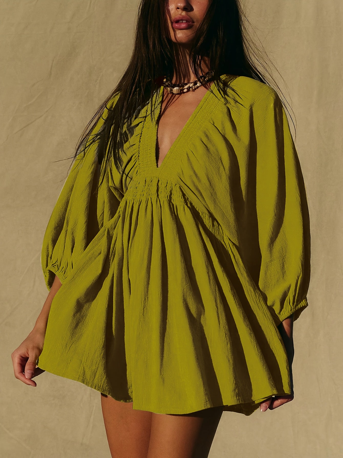 Women's Solid Color Summer -Line Dress with Puff Sleeves & -Neck - Long Sleeve Maxi Dress Suitable for Church, Wedding Guest, Office, Casual Wear - Machine Washable Non-Stretch Blouse Style Dresses