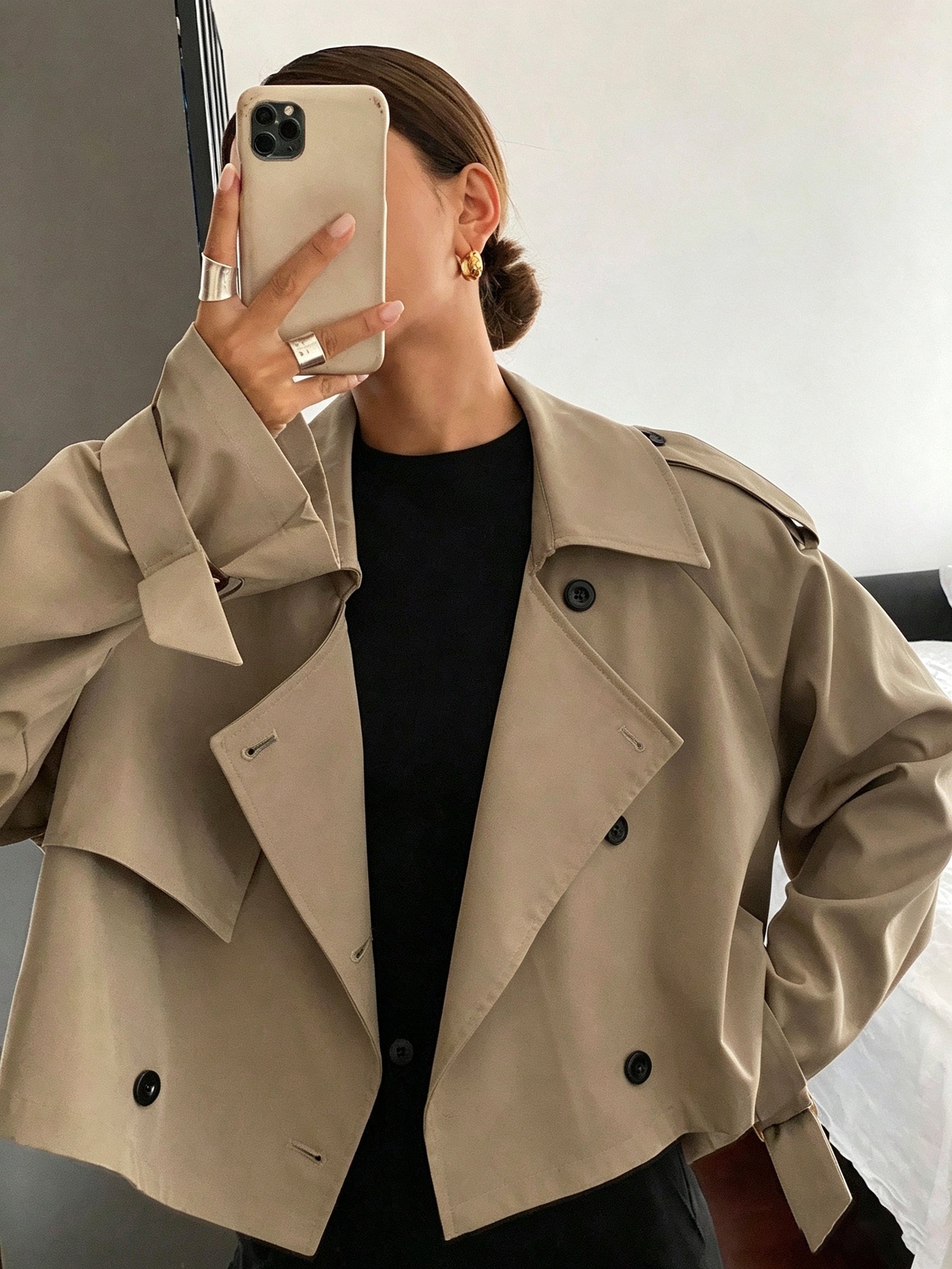 Elegant Trench Coat | Women's New Spring/Autumn Front Button Short Long-Sleeve, Fashionable and High-End Suit Lapel Solid Color Outerwear