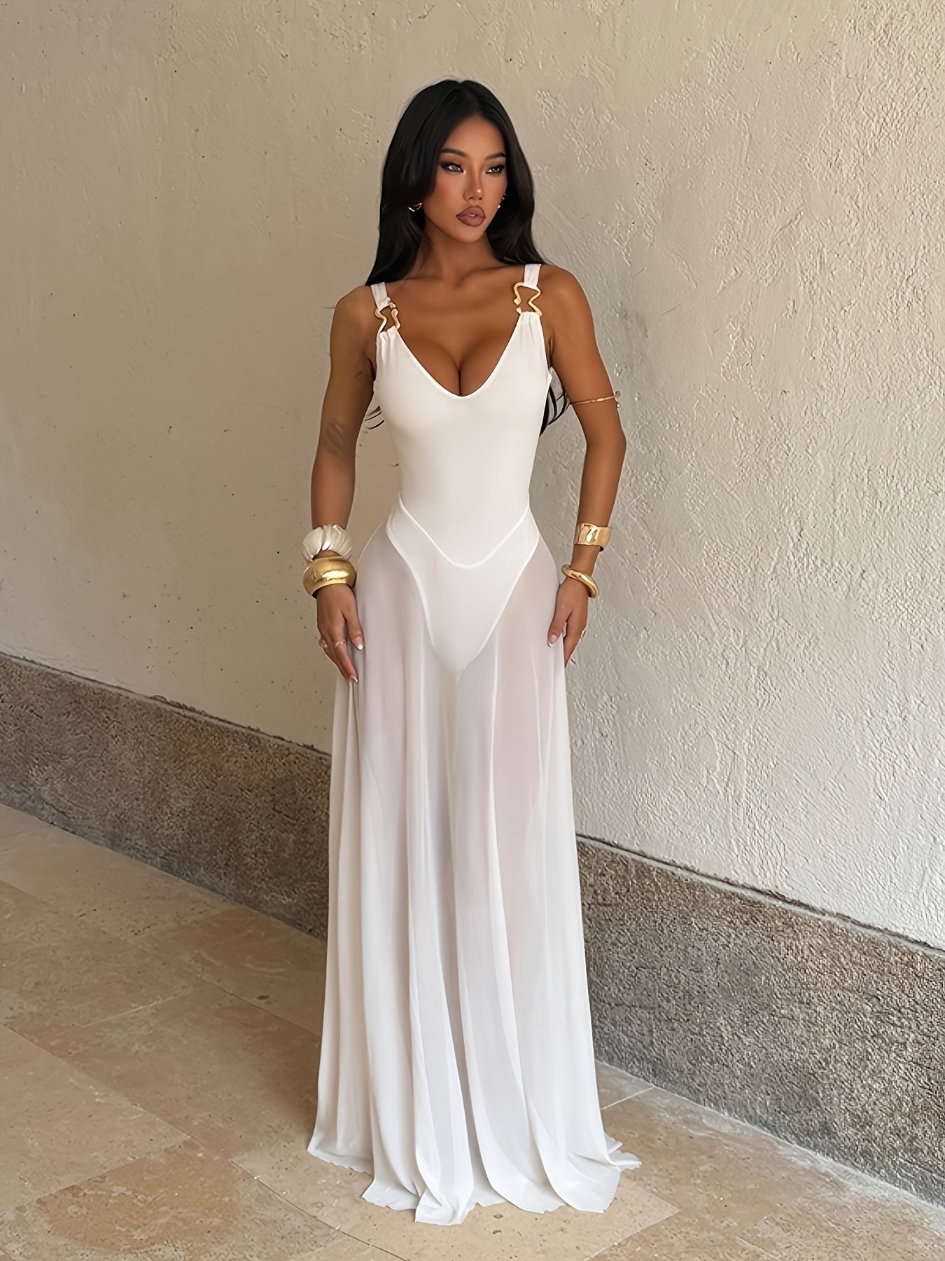 Women'S V-Neck Vacation Mesh A-Line Strap Dress