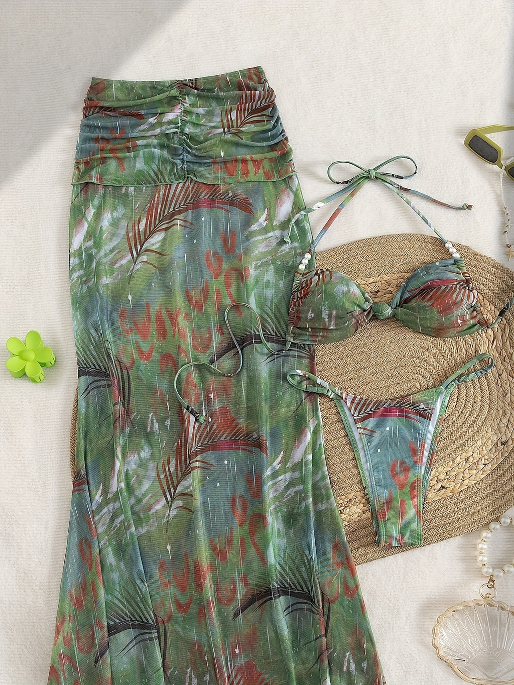 Women's Stylish • And • Sexy • Beach Vacation • Bohemian • Lace-Up • Long Dress • with • Tropical Print • Bikini • Three-Piece Set