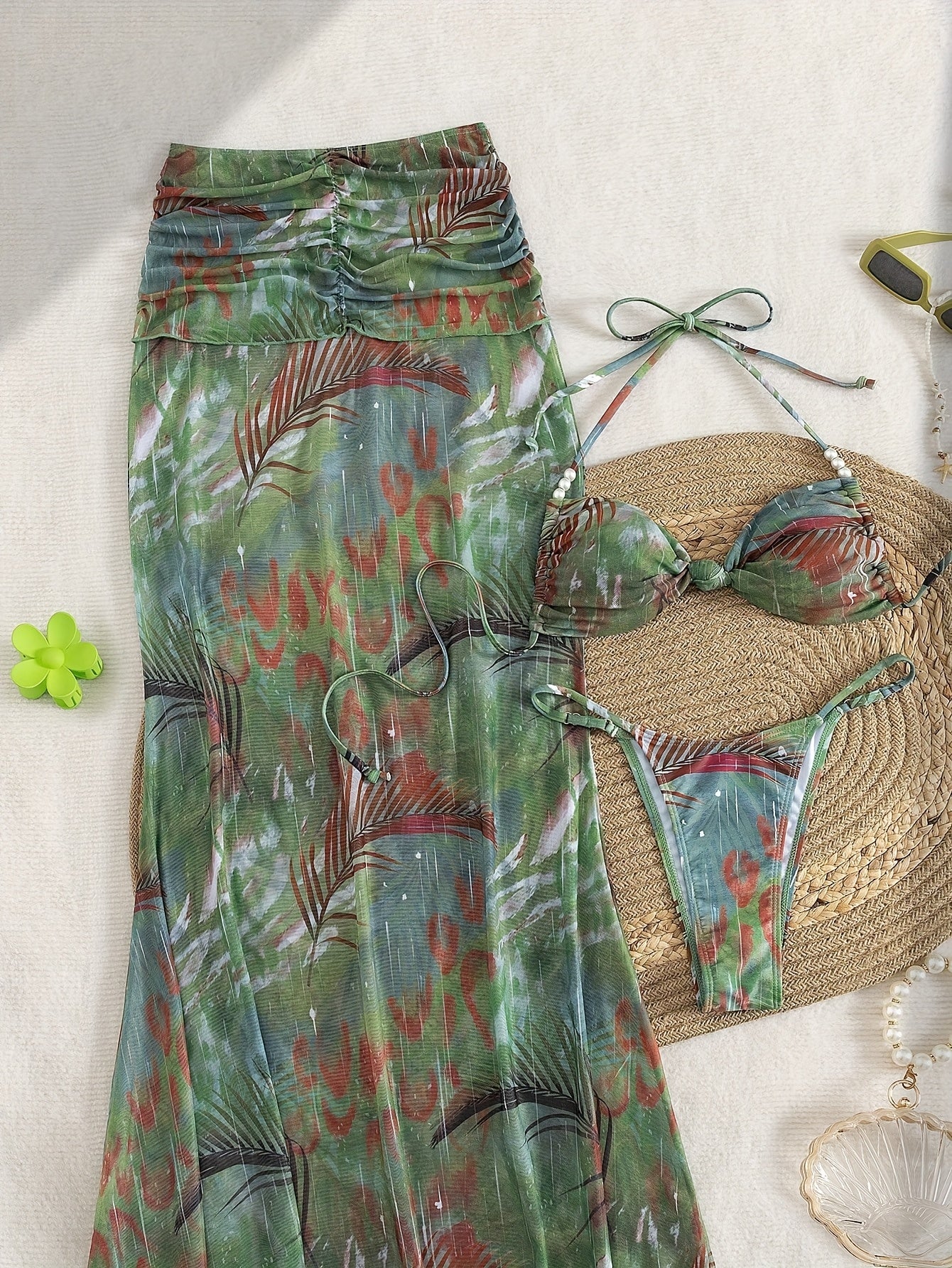 Women's Stylish • And • Sexy • Beach Vacation • Bohemian • Lace-Up • Long Dress • with • Tropical Print • Bikini • Three-Piece Set