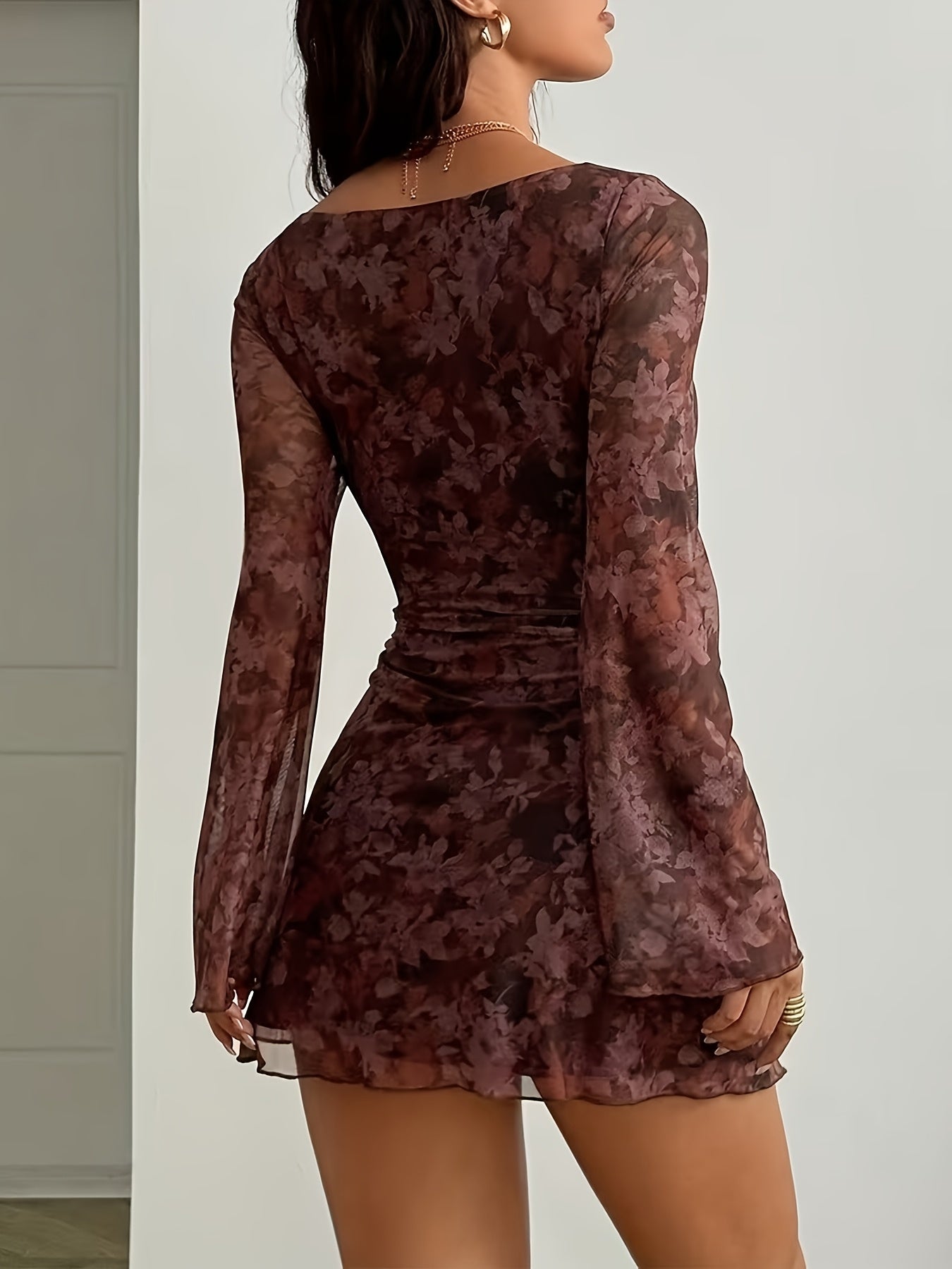 BK1202004 Lingshan Directional Y2K Women'S Spring/Summer Mesh See-Through Retro Print Slim Fit Elegant Sexy Long Sleeve Mini Dress