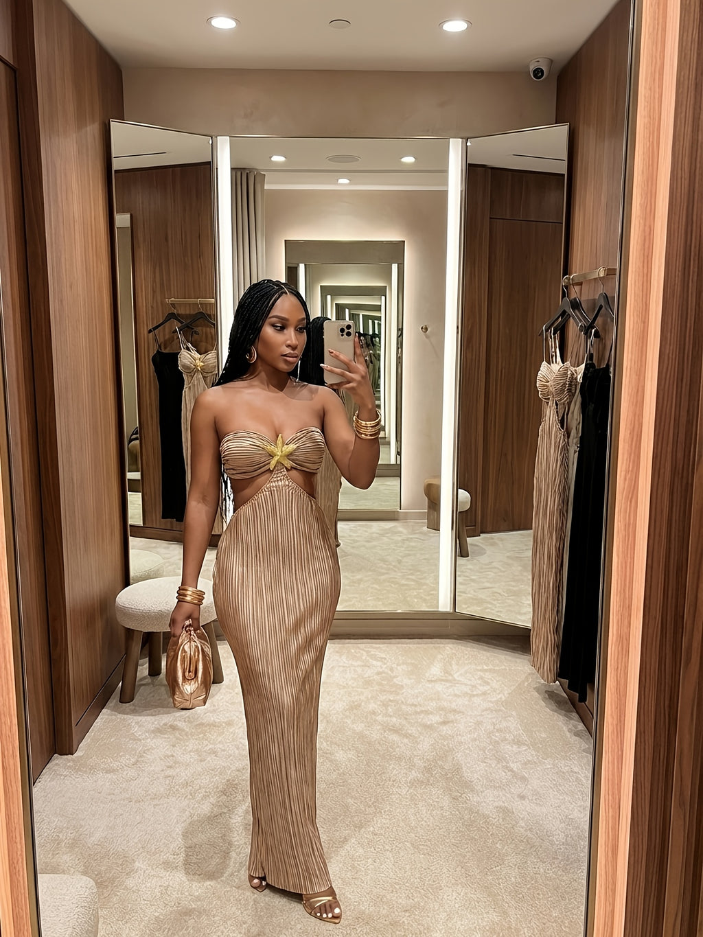 Women's Halter Neck Tube Dress in Khaki with Pleated Cut-Out Design, Slim-Fitting Bodycon Evening Gown