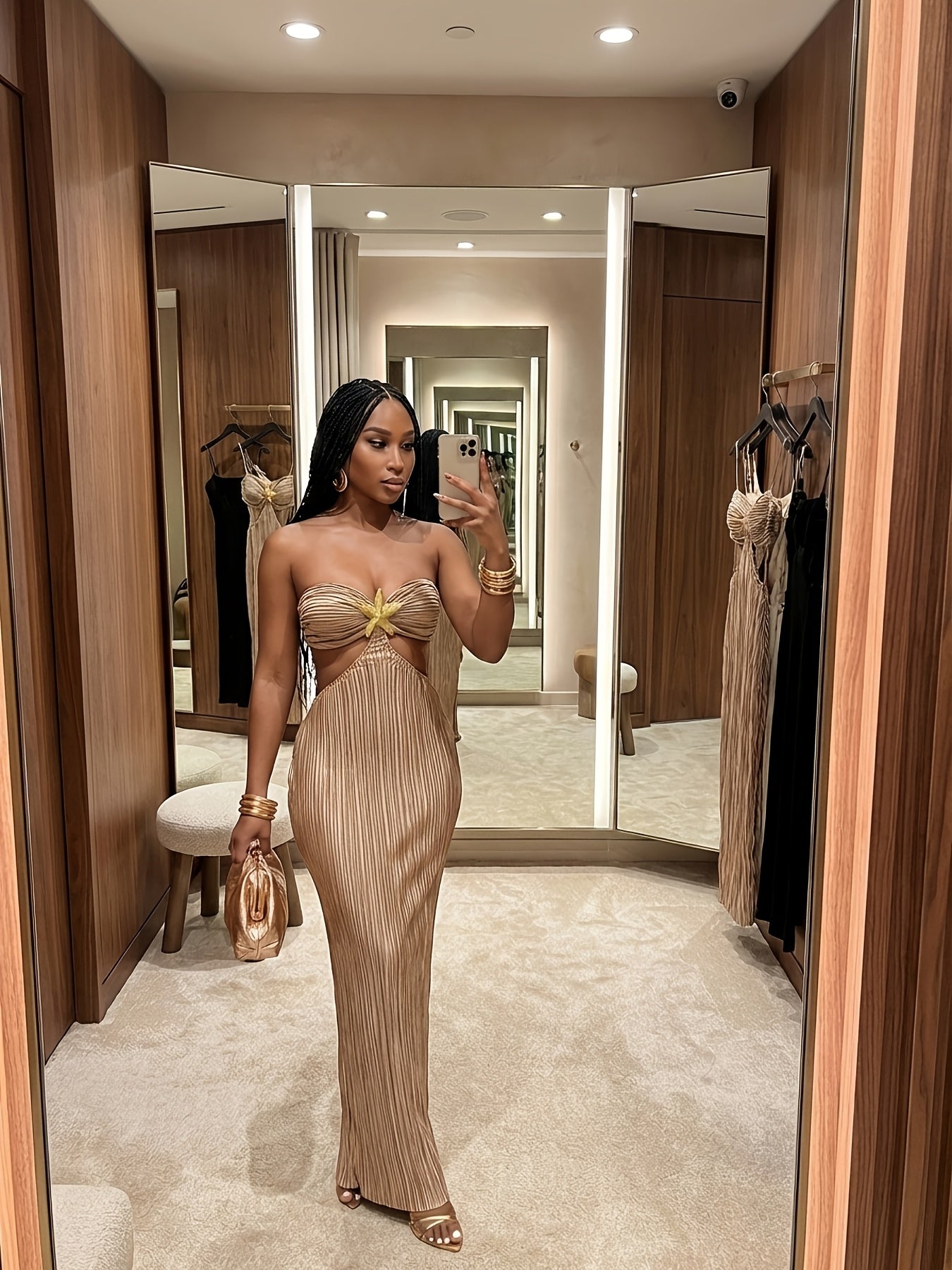 Women's Halter Neck Tube Dress in Khaki with Pleated Cut-Out Design, Slim-Fitting Bodycon Evening Gown