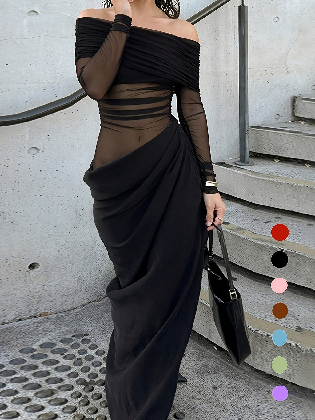 Women's Off-Shoulder/-Shoulder Mesh Hollow-Out Dress - Semi-Sheer Slim Fit Party Dress Suitable for Valentine's Day, Dates, Beach, Travel & Vacations, Machine Washable Formal Evening Gown with Hollow Cutouts, Solid Color Elegant