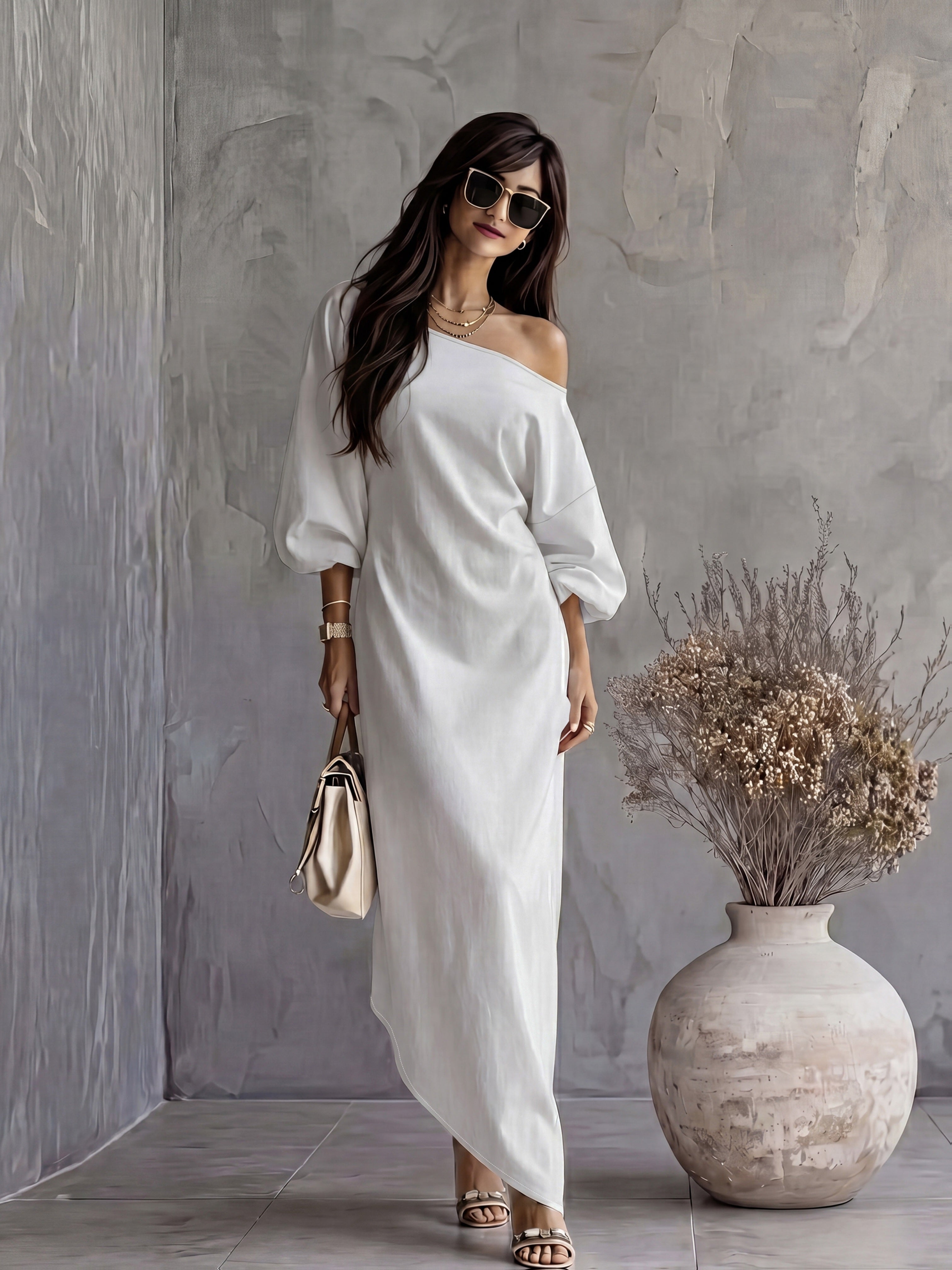 Off-shoulder Backless Tie-up - Long Dress, French-style Casual Loose-fit Puff Sleeve Dress, Vacation-commute Elegant Figure-flattering Long Dress